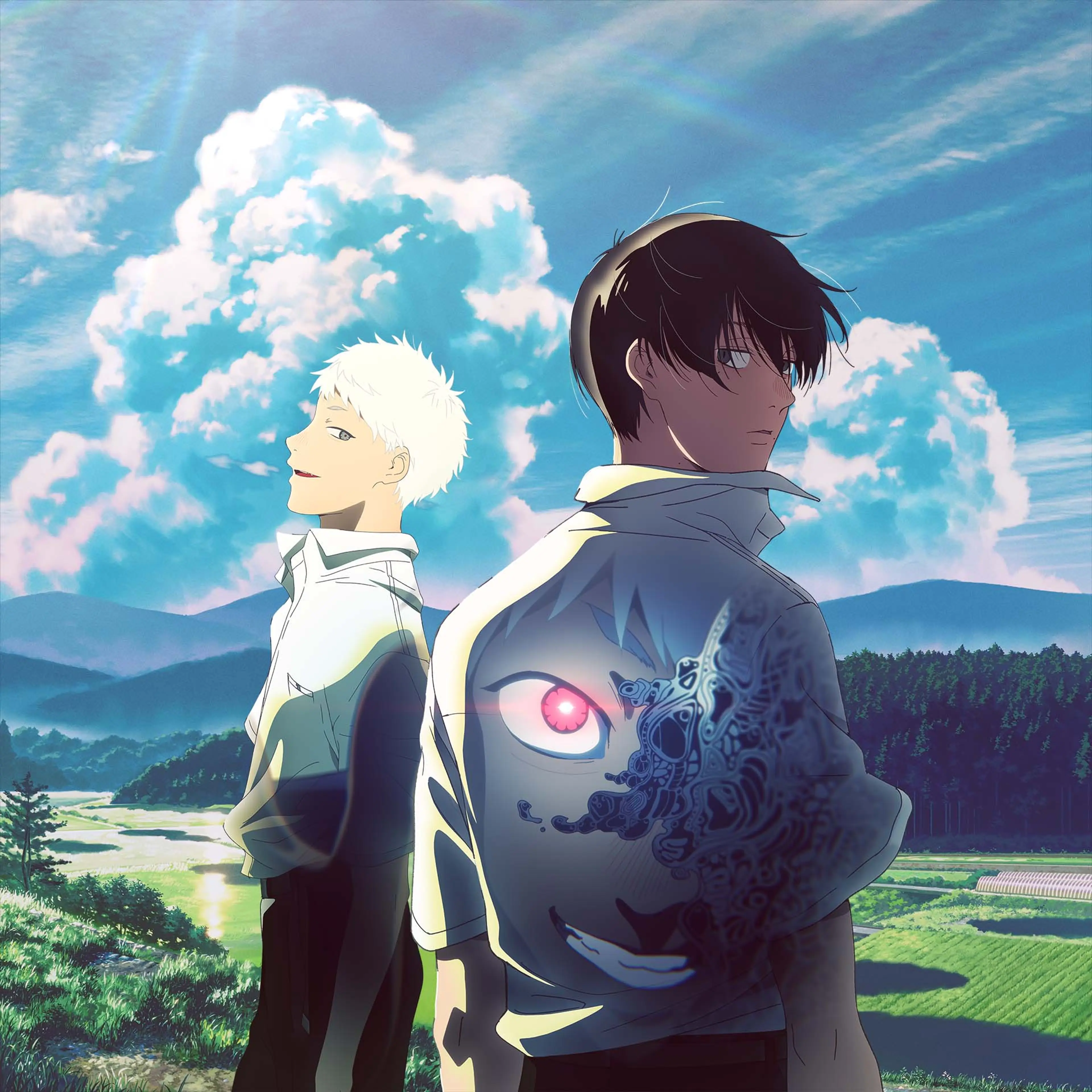 Yoshiki and Hikaru stand against a bright rural landscape beneath summer clouds.