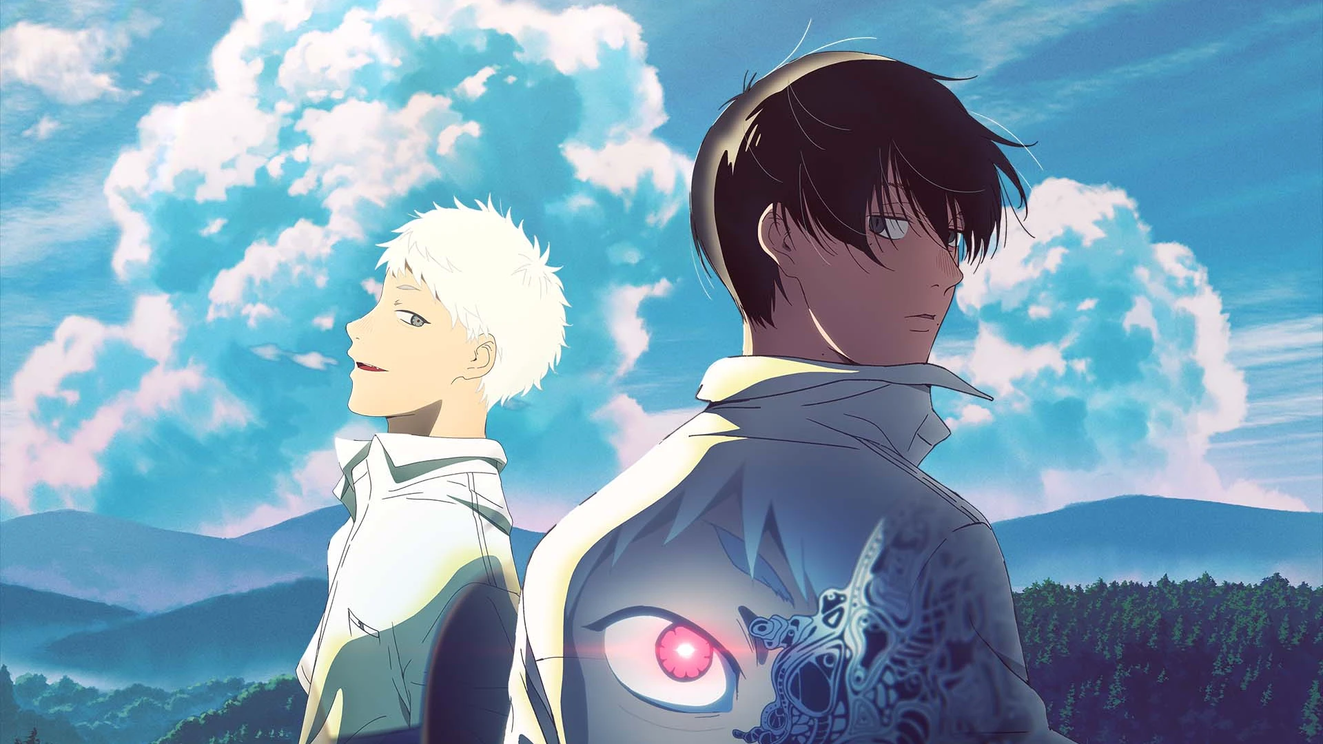 Yoshiki and Hikaru stand against a bright rural landscape beneath summer clouds.