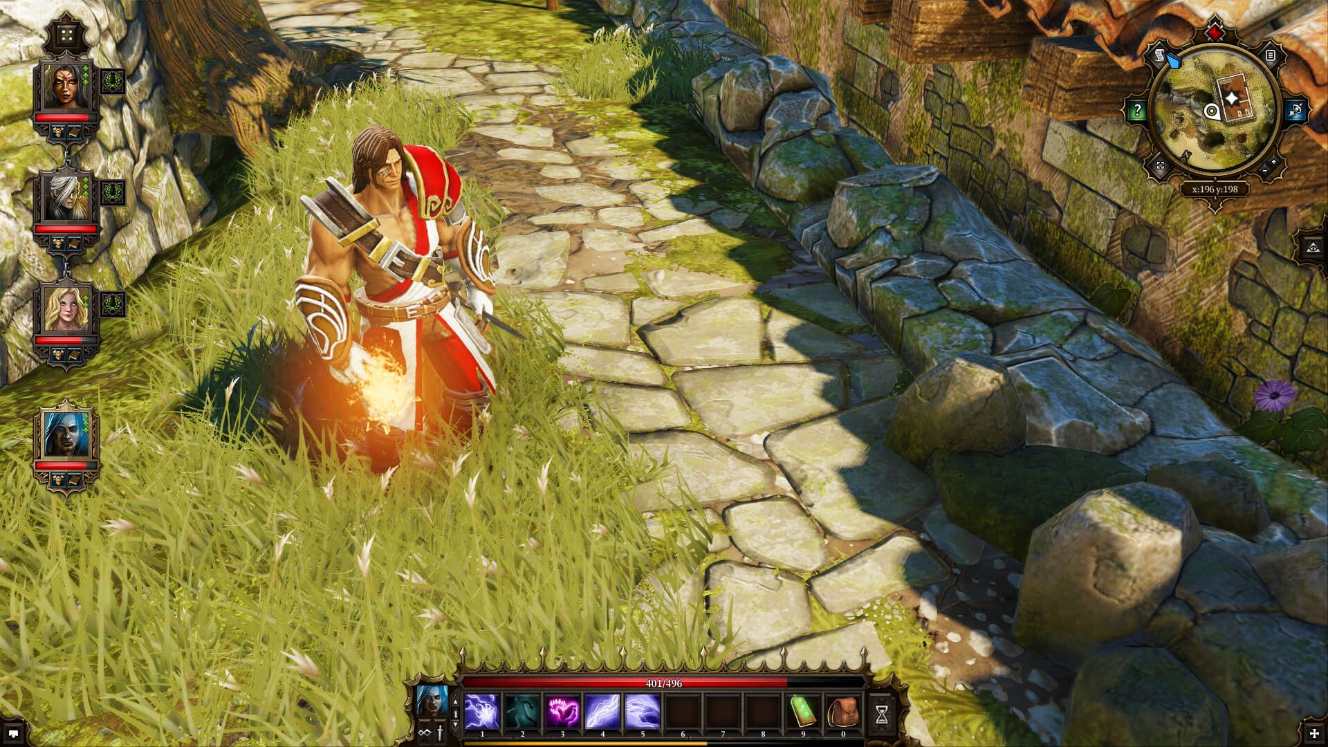 A party member stands on a sunlit path beside the mini-map and bottom action bar.