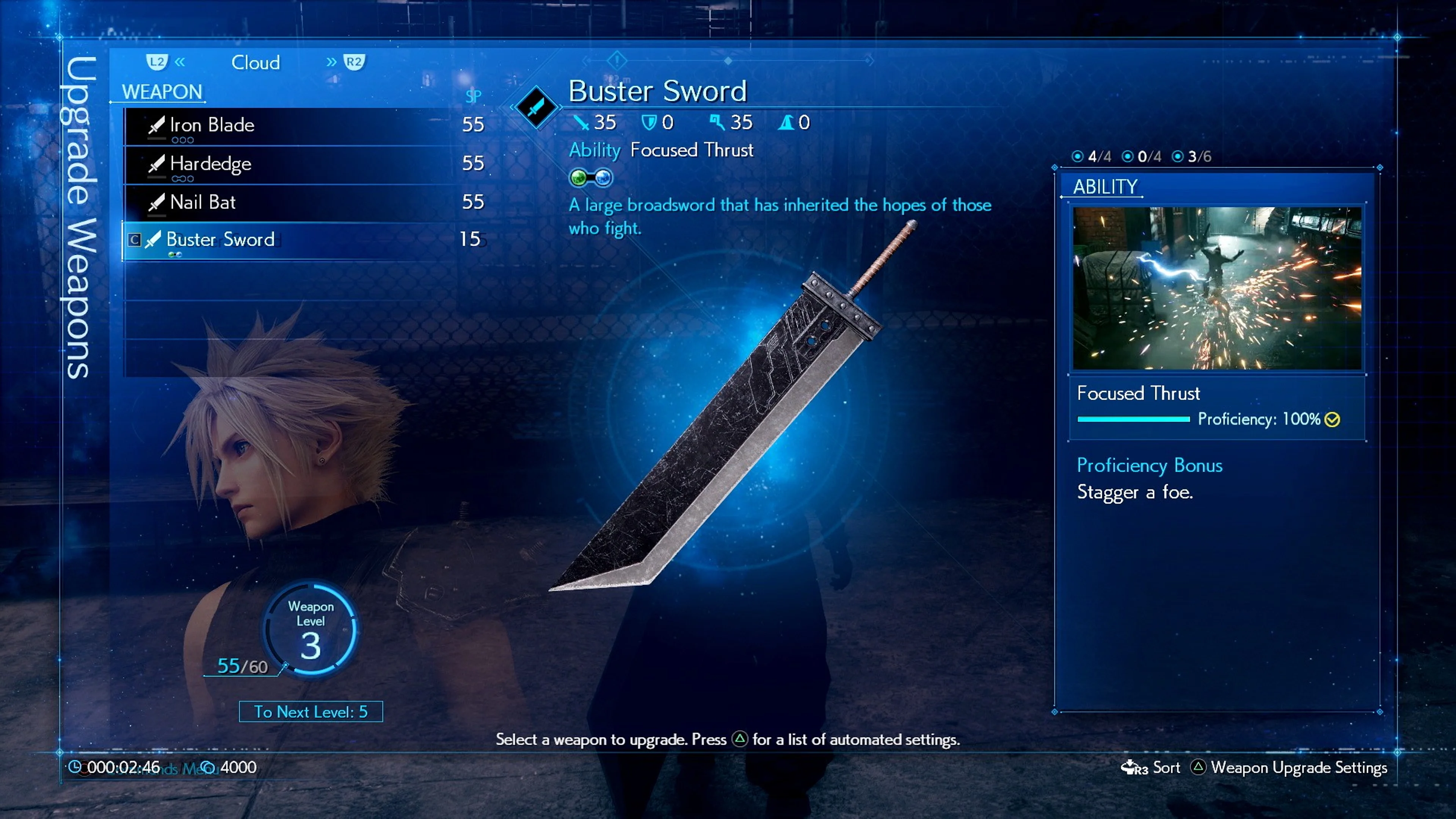 Cloud’s Upgrade Weapons list has Buster Sword selected on the left, Focused Thrust and a proficiency bar on the right, and the sword pictured in the middle.