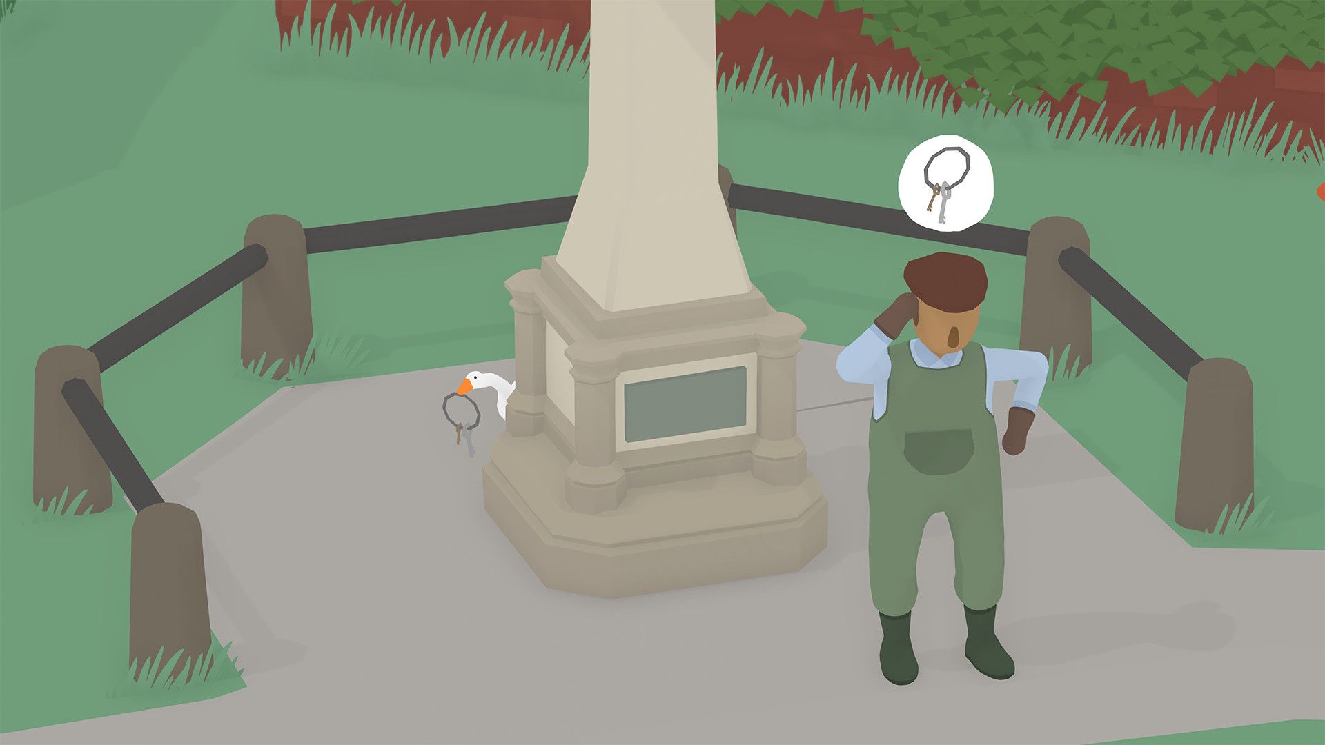 A goose carries a ring of keys beside a stone monument as a gardener notices they are missing.