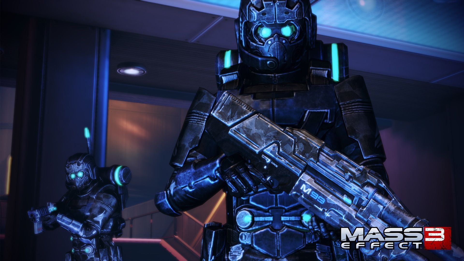 Two armored soldiers hold rifles inside a blue-lit corridor.