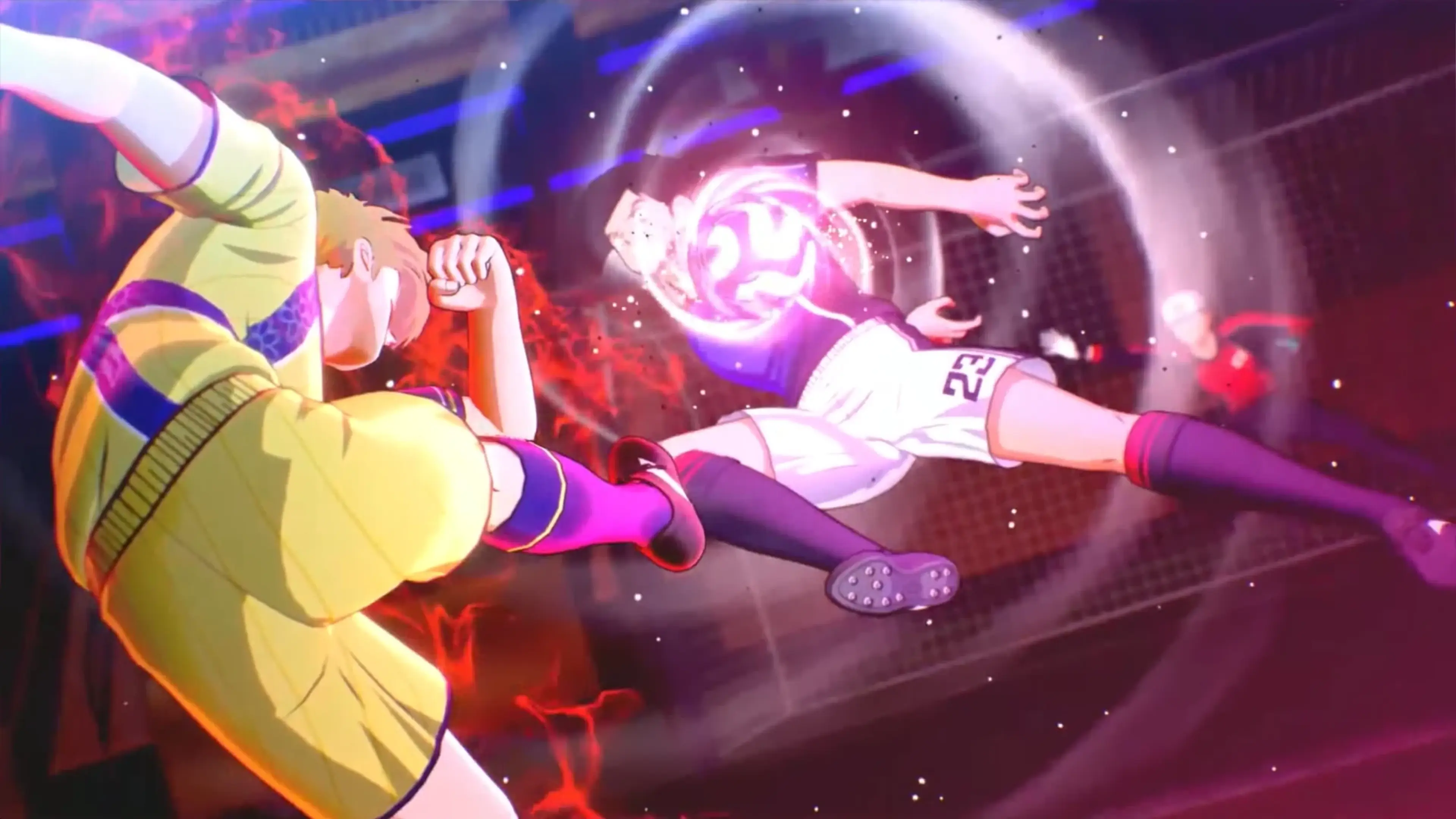 A player attempts a bicycle kick while a goalkeeper blocks the shot in Captain Tsubasa 2: World Fighters.
