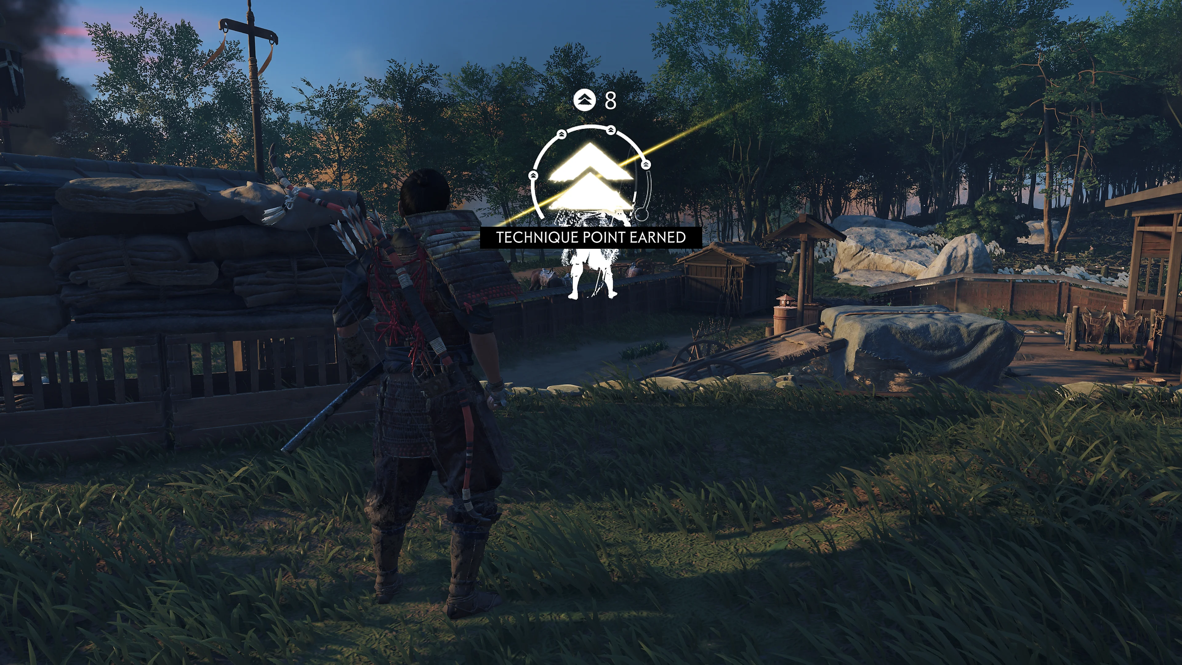 Jin in a village with a large TECHNIQUE POINT EARNED notification and Legend progress ring in the center.