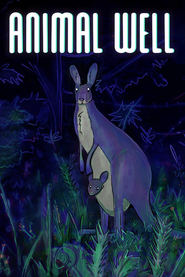 Official Animal Well cover features a kangaroo and joey among dark plants, beneath the game’s native title.