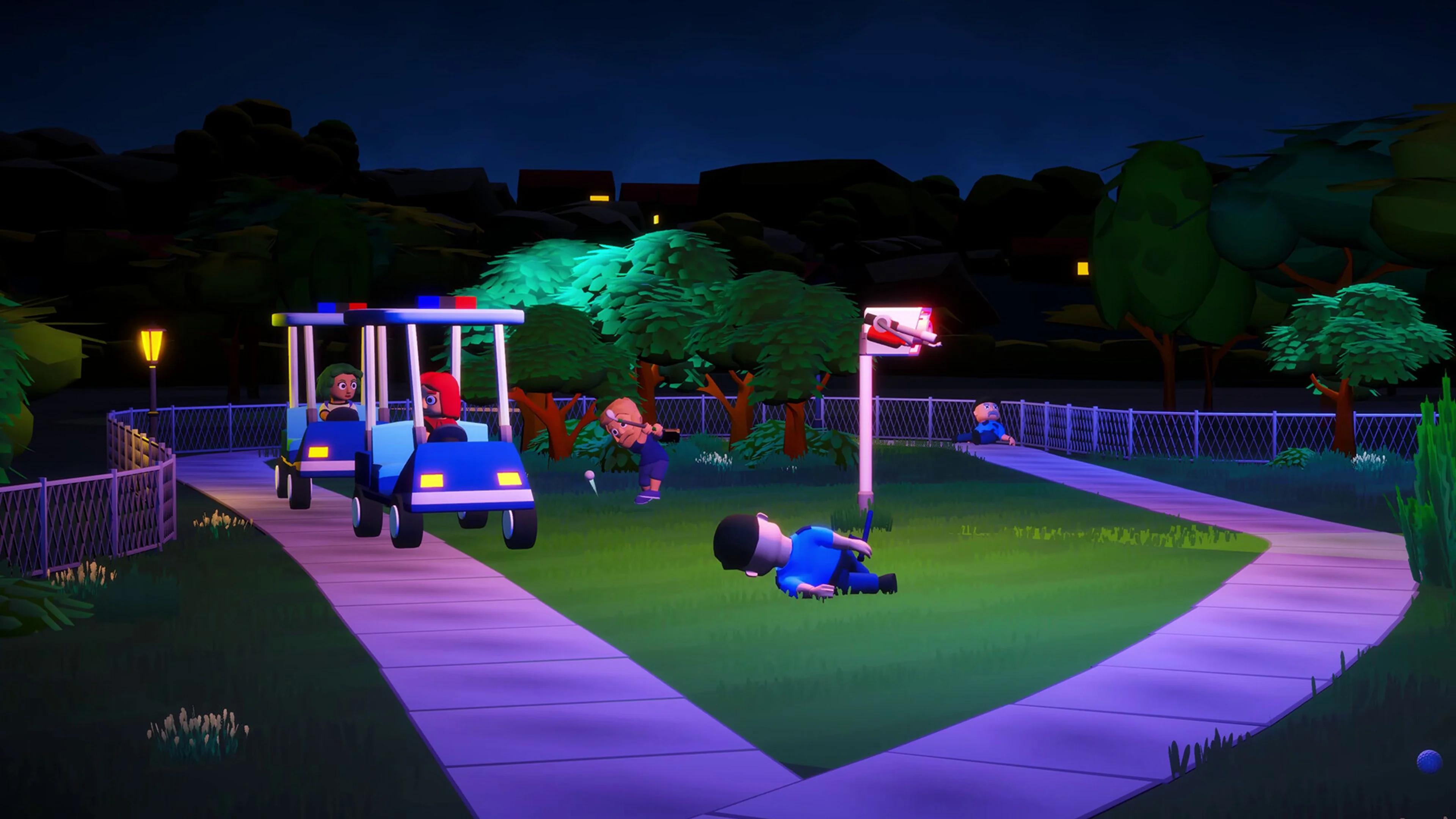 Golf carts and players move across a guarded course at night in Really Illegal Golf.