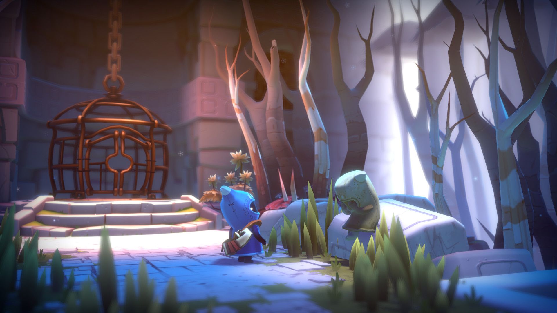 Ember approaches a hanging cage and a seated figure in a dark forest.