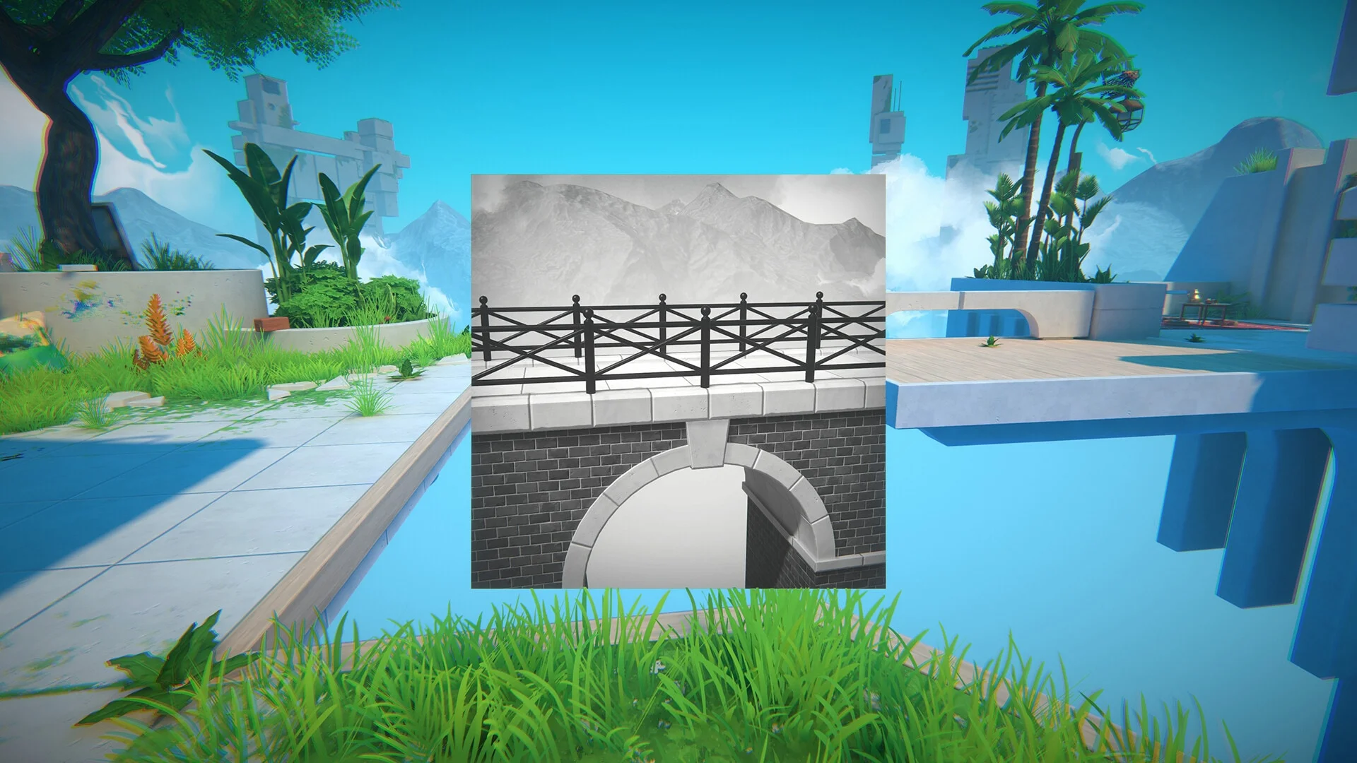 A black-and-white bridge photograph overlaps a colorful 3D world in Viewfinder.