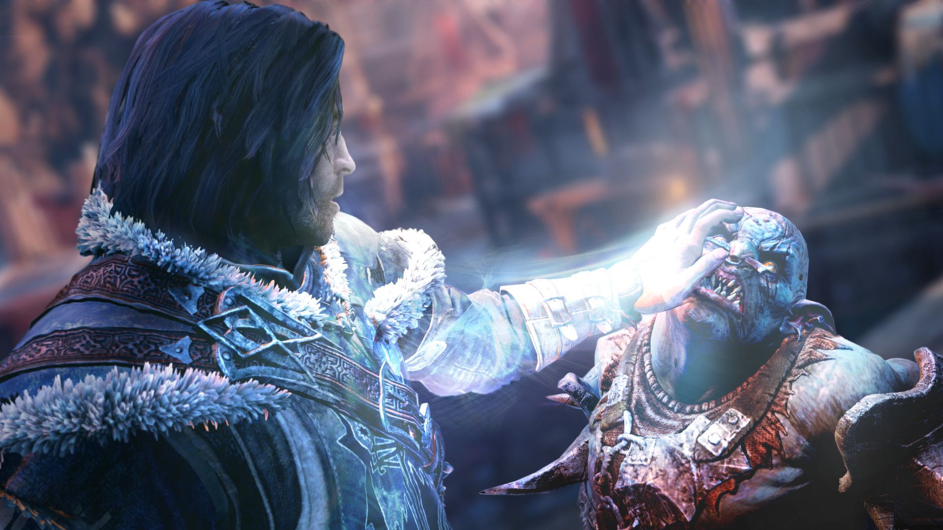 Talion grips an Orc as pale wraith energy surrounds the Orc’s head.