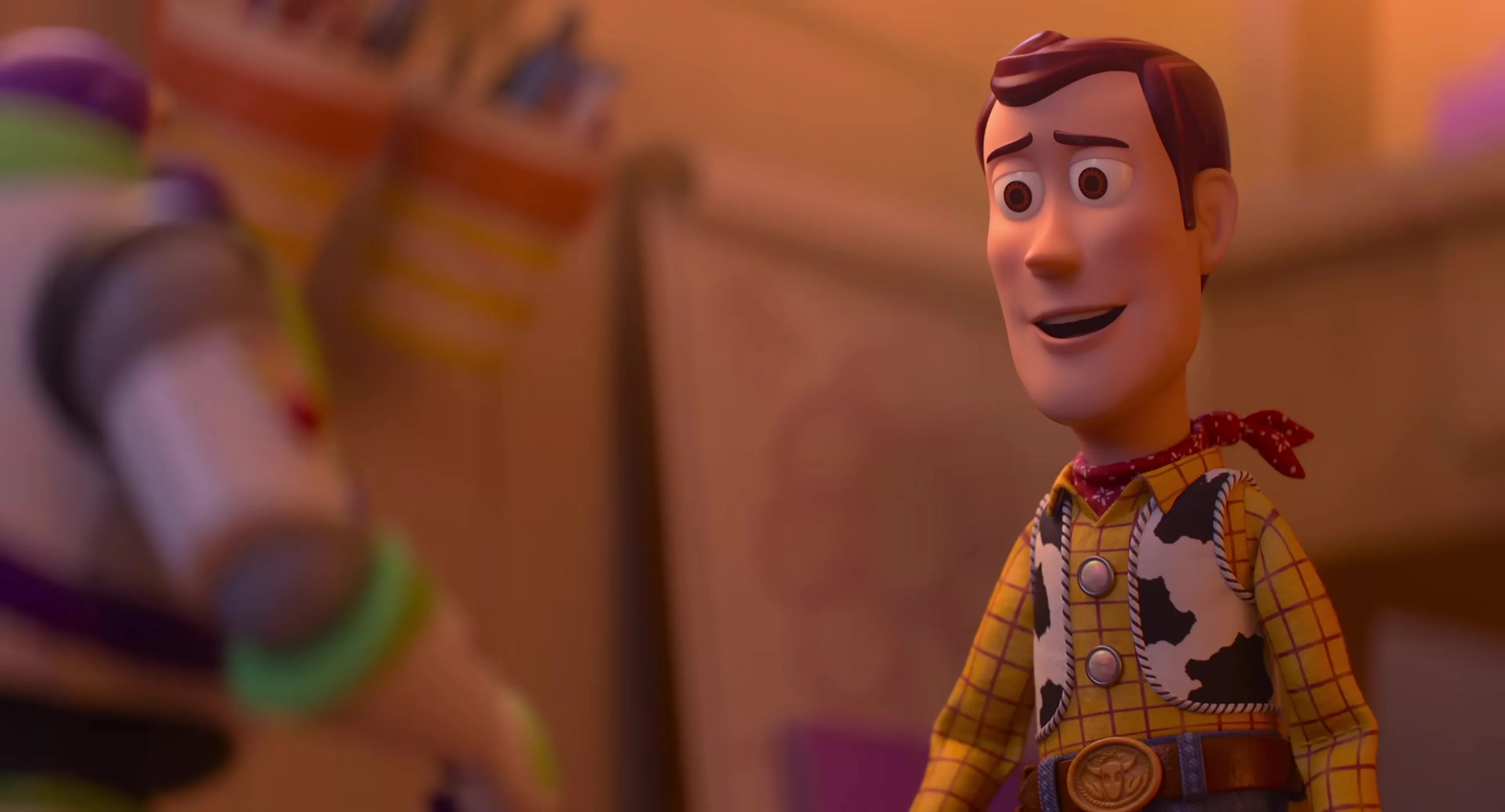 Woody speaks to Buzz Lightyear in Bonnie’s room in Toy Story 5.