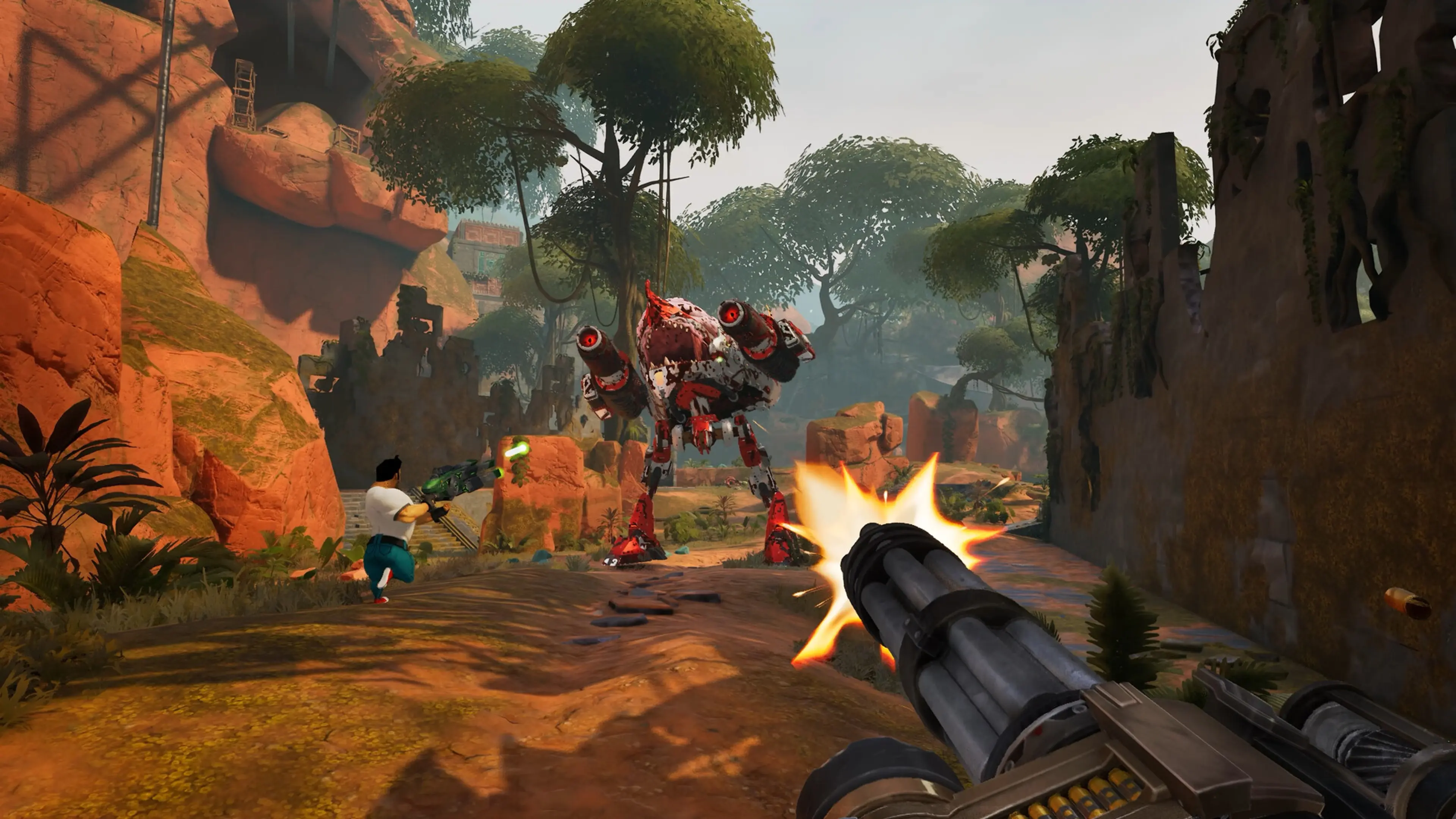 A player and teammate fire at a towering rocket-armed enemy in jungle ruins in Serious Sam: Shatterverse.