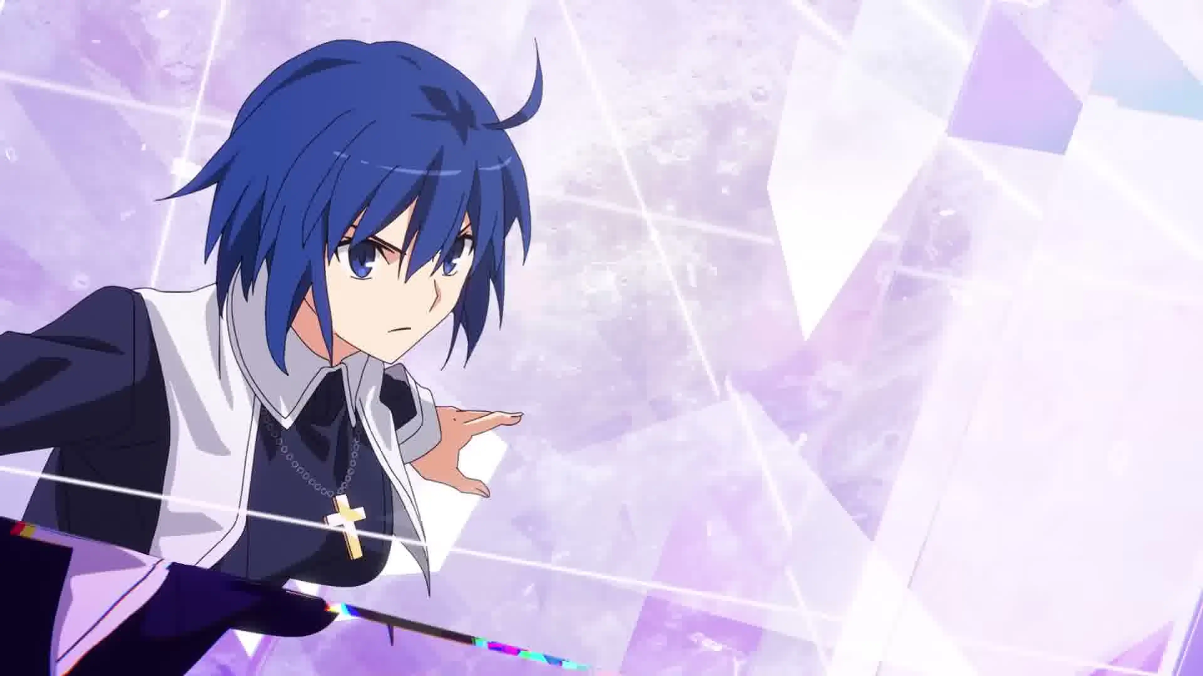 Shiki Tohno holds a knife as pale purple crystal shapes surround him.