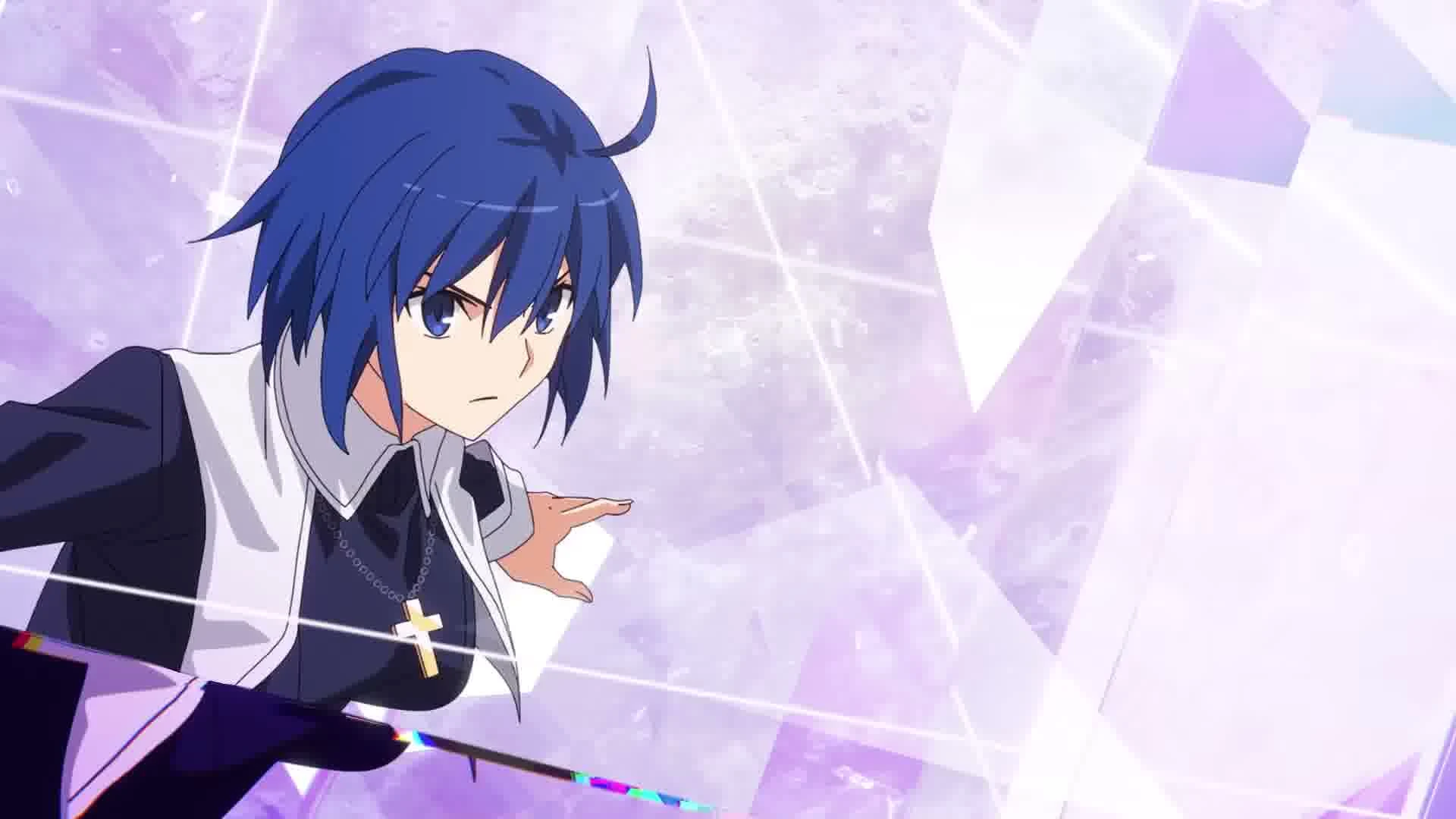 Shiki Tohno holds a knife as pale purple crystal shapes surround him.