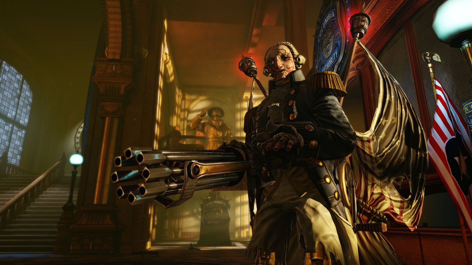 A mechanical Motorized Patriot stands under ornate interior lighting.