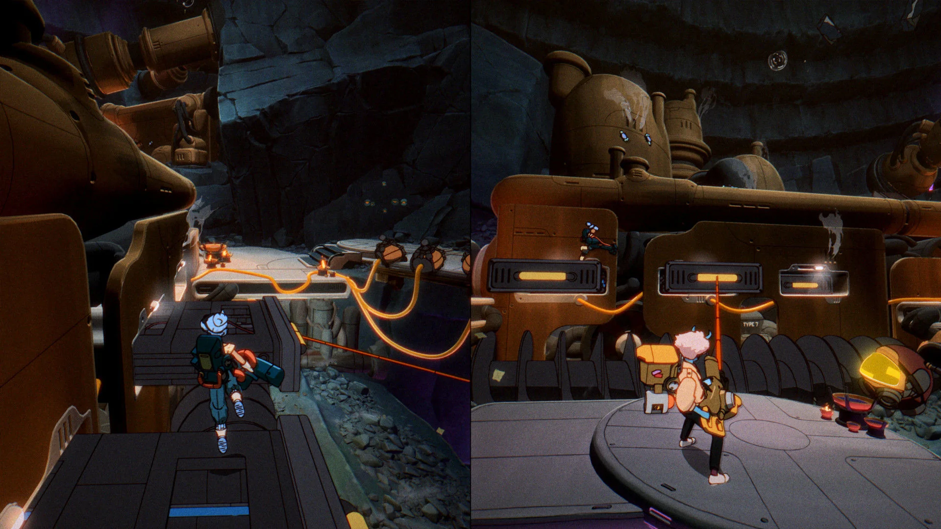Two split-screen views show the Orbitals characters solving a space-station puzzle.