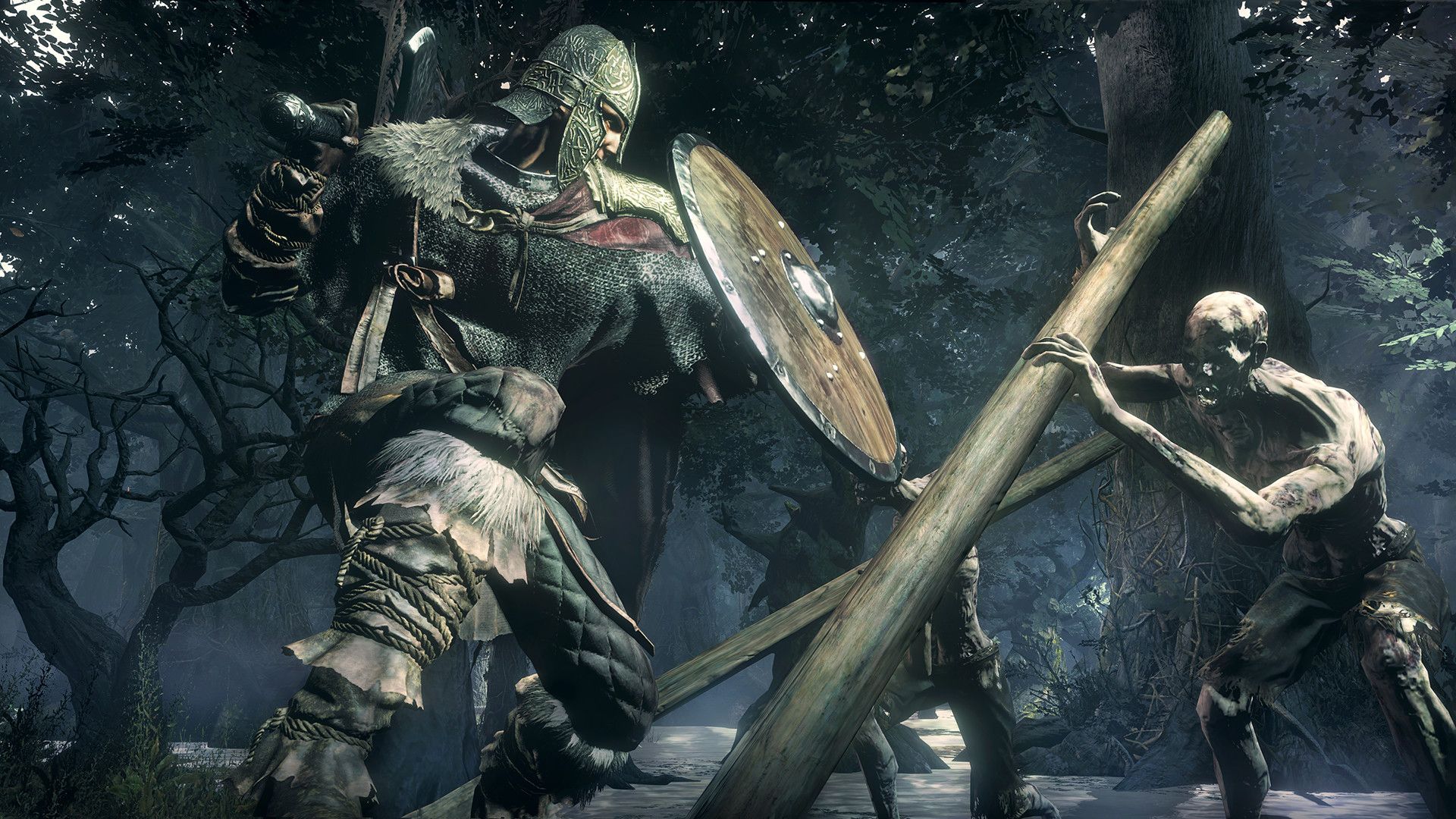 A shield-bearing character confronts pale enemies beneath dark trees.