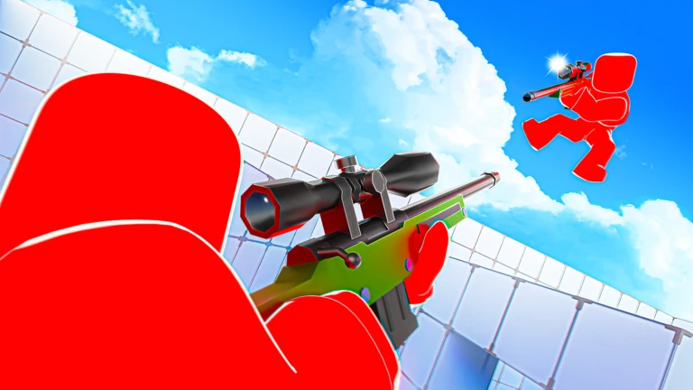 A Roblox RIVALS player aiming a sniper rifle at an airborne opponent
