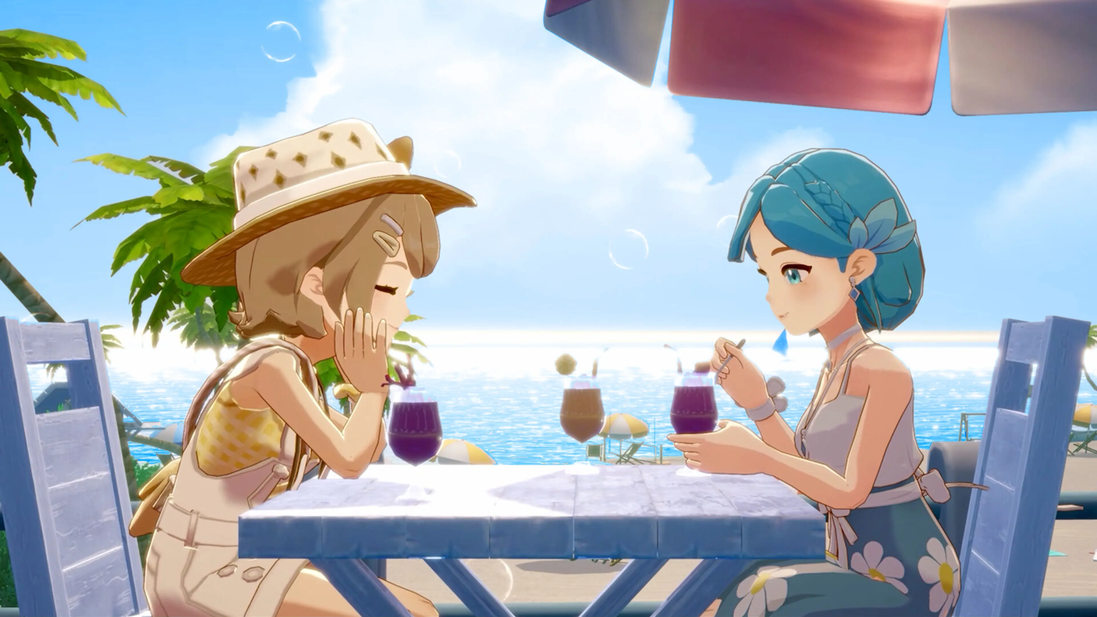 Two characters share drinks at a beachside table in Starsand Island.
