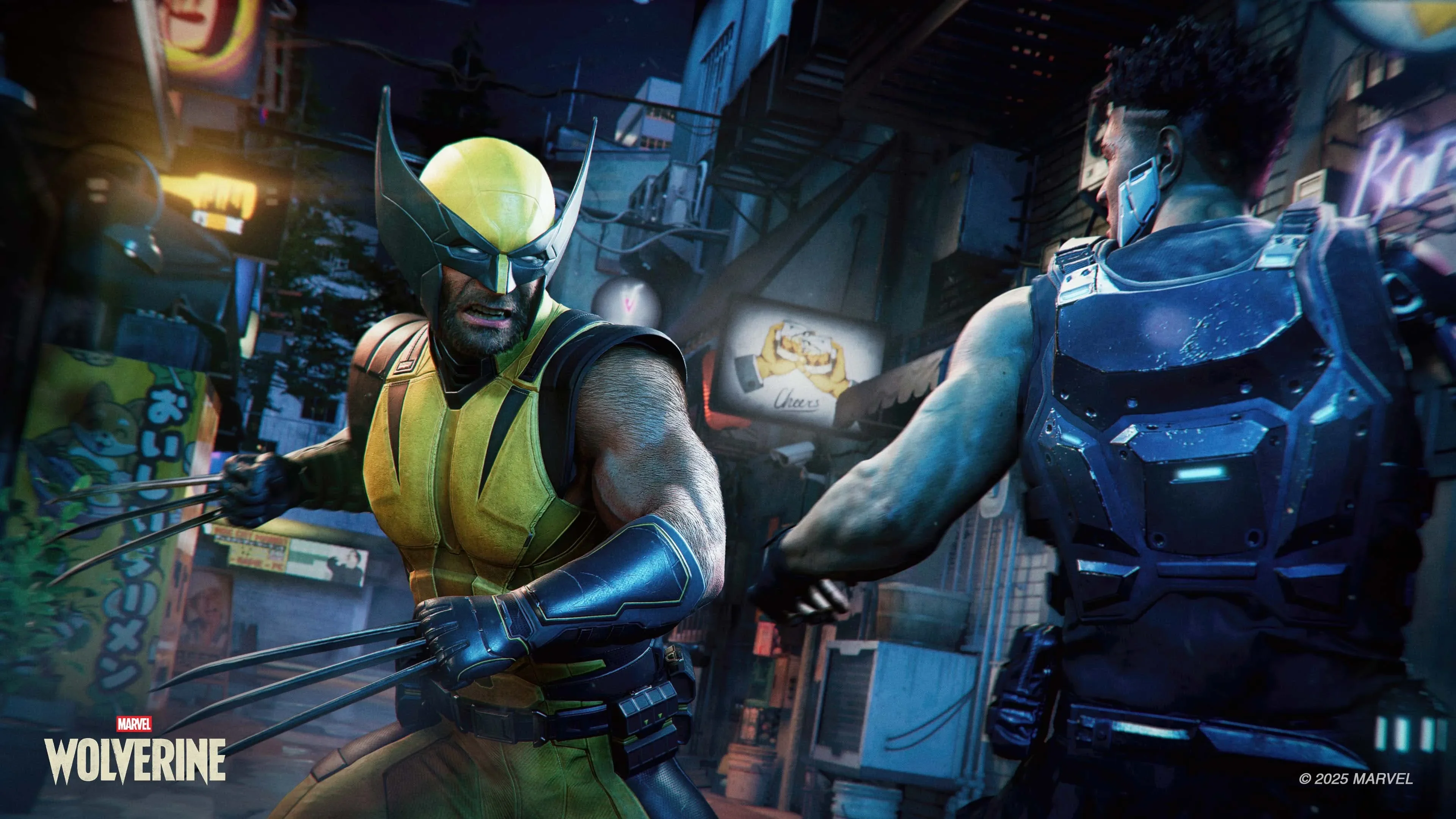 Wolverine fights an armored Reaver in a neon-lit street.