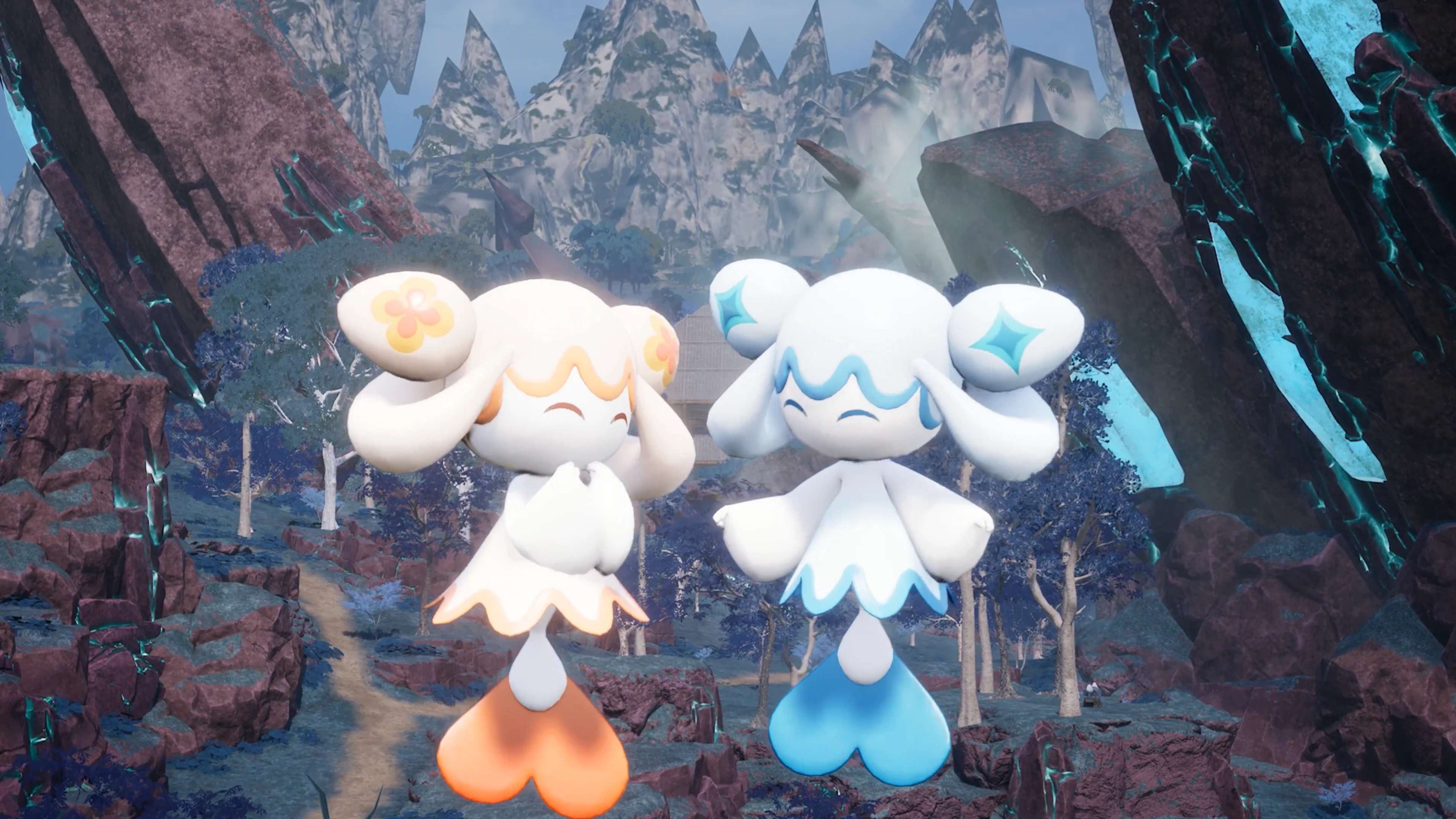 Two small white Pals standing together in a rocky Palworld area.