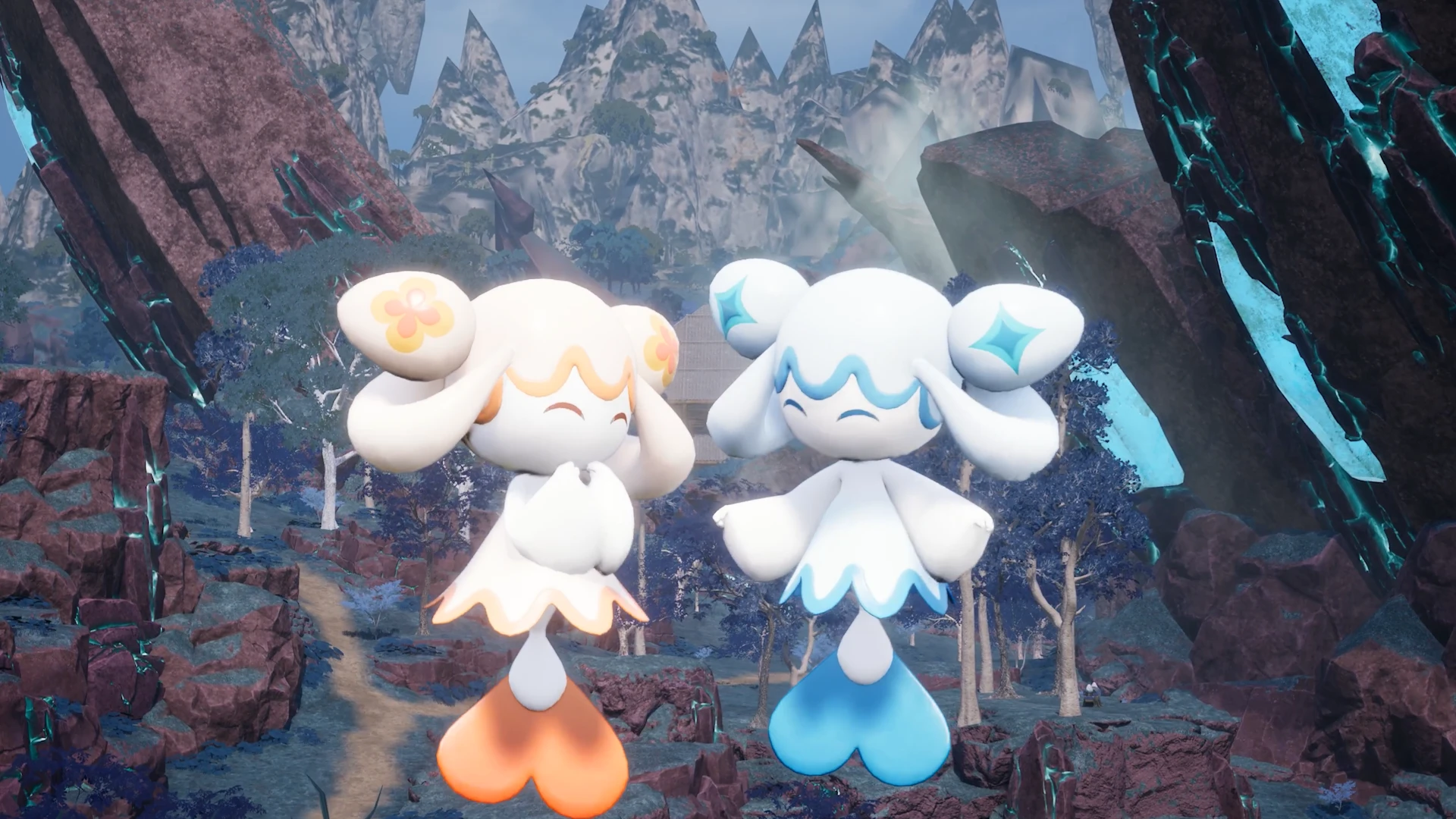 Two small white Pals standing together in a rocky Palworld area.