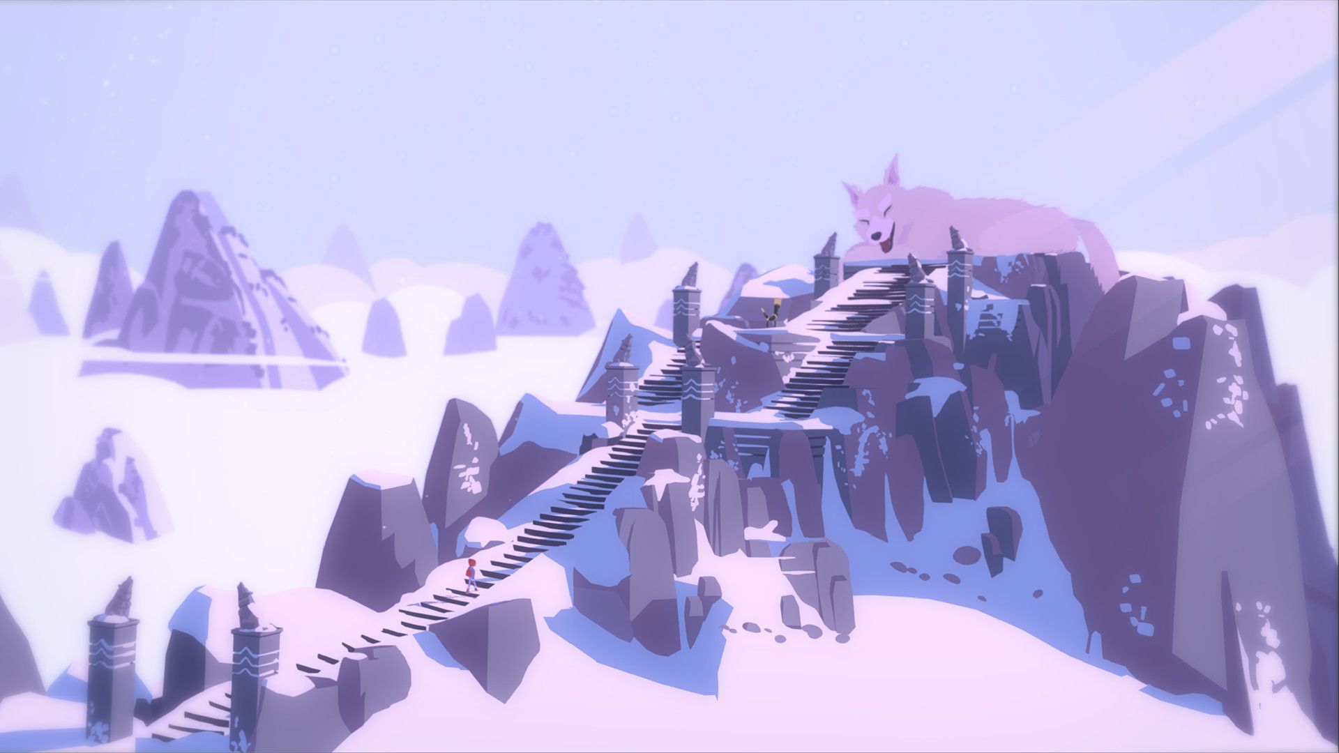 Snowy stairs climb toward a giant pale wolf in Röki.