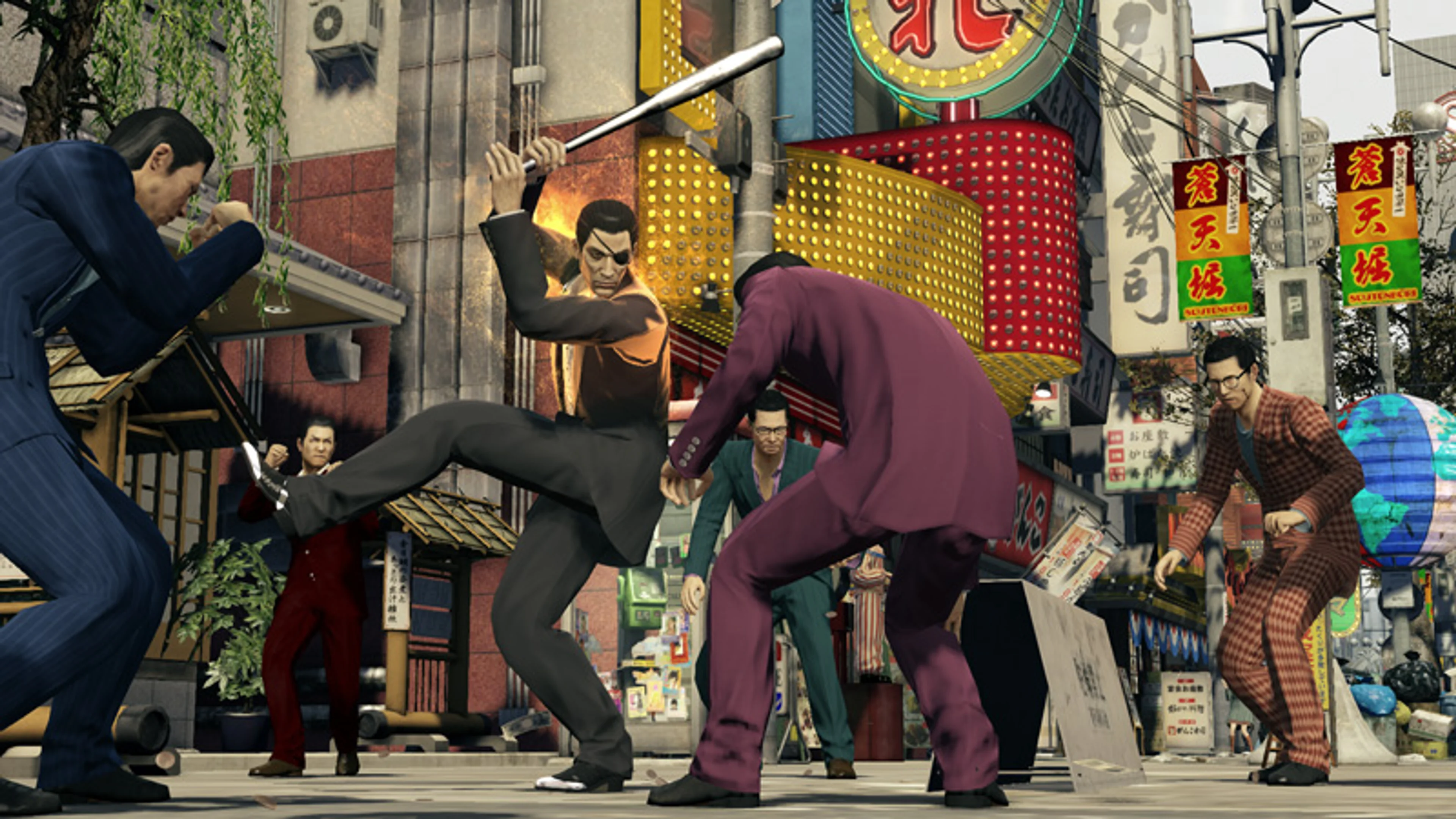 Official SEGA Yakuza 0 gameplay screenshot of Majima swinging a baseball bat in Slugger style in a crowded city fight.