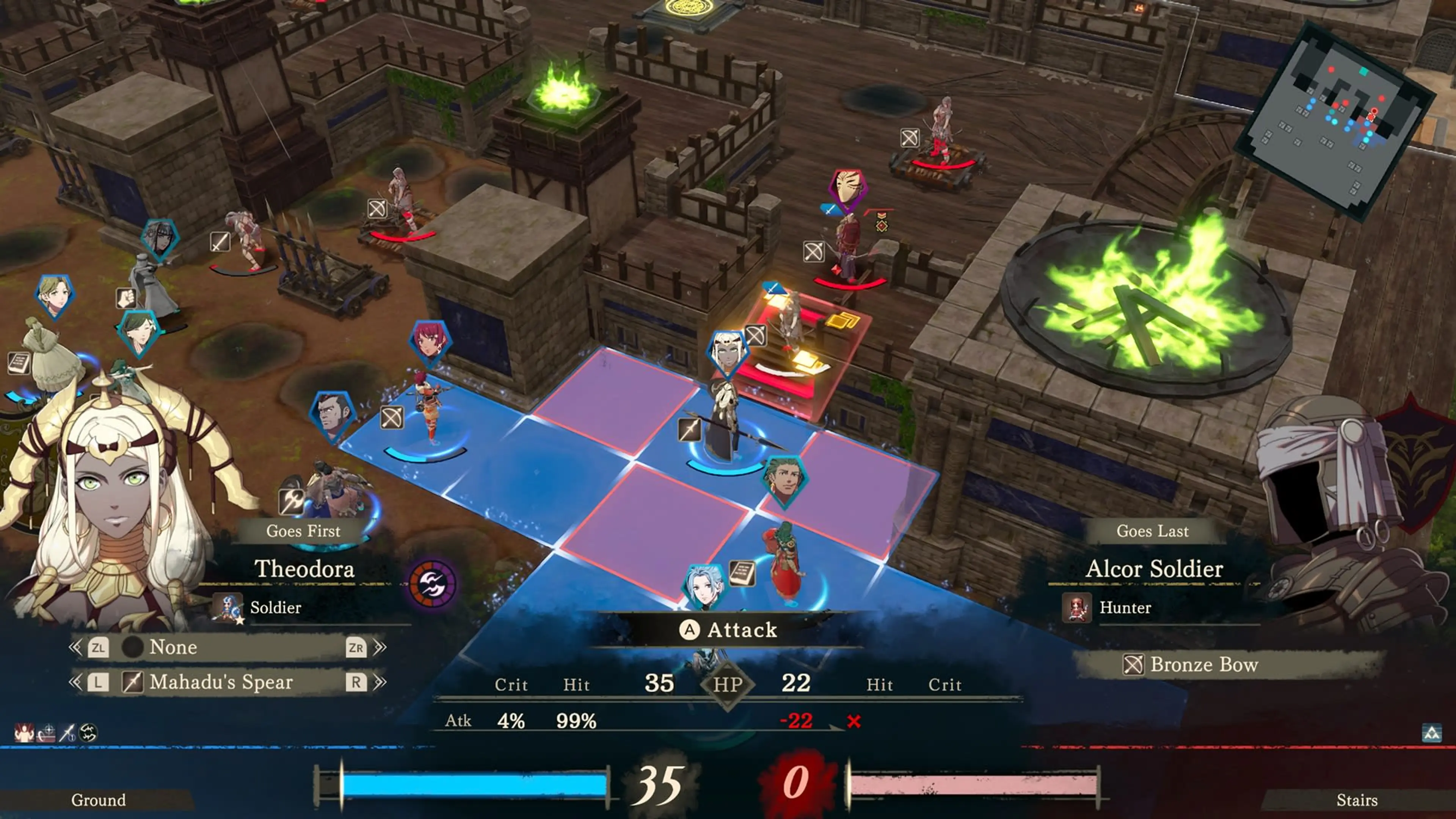 Gameplay screenshot: a turn-based battle unfolds on a fortress map with blue and red movement tiles in Fire Emblem: Fortune's Weave.