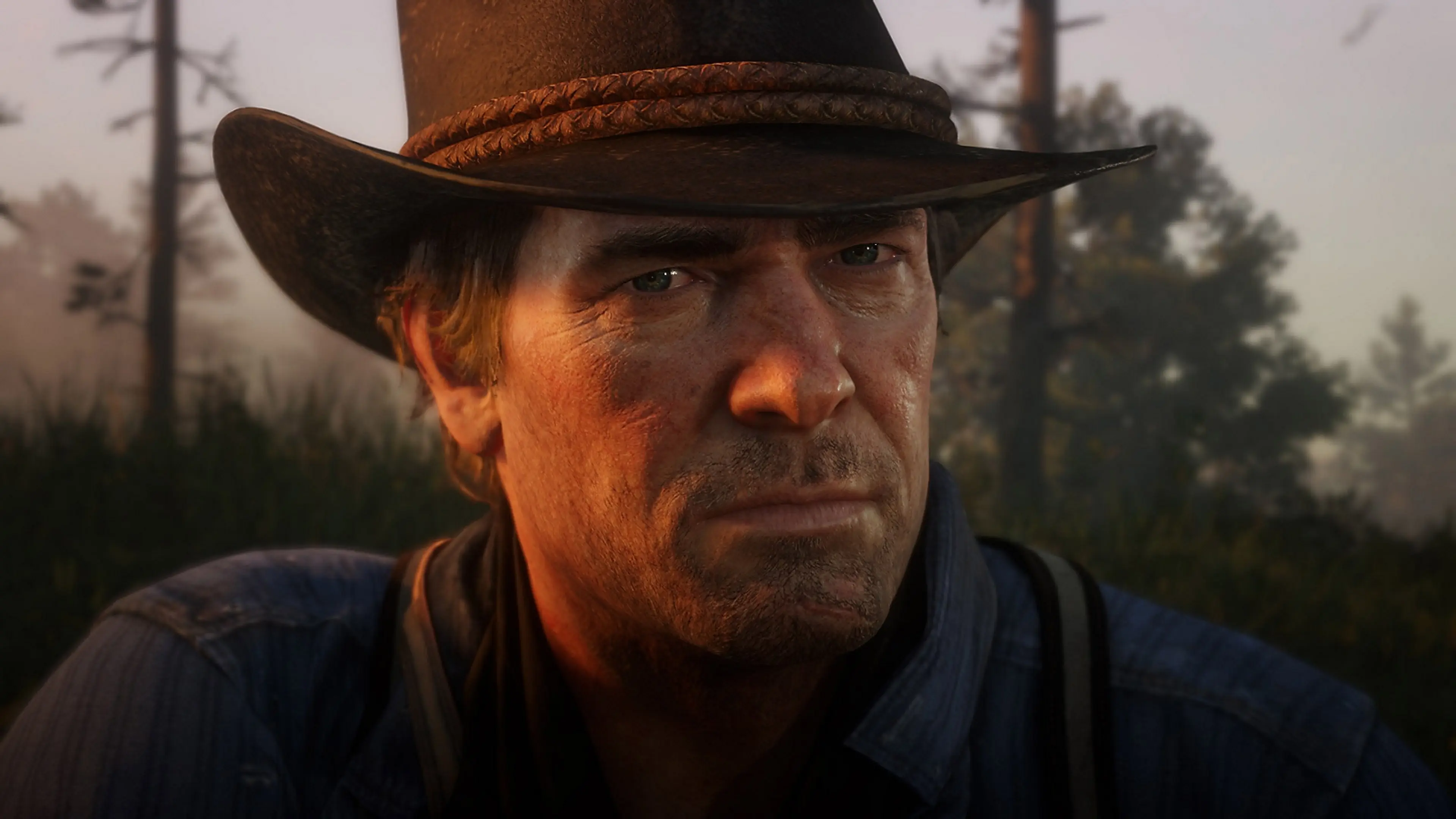 Close view of Arthur Morgan outdoors in Red Dead Redemption 2.