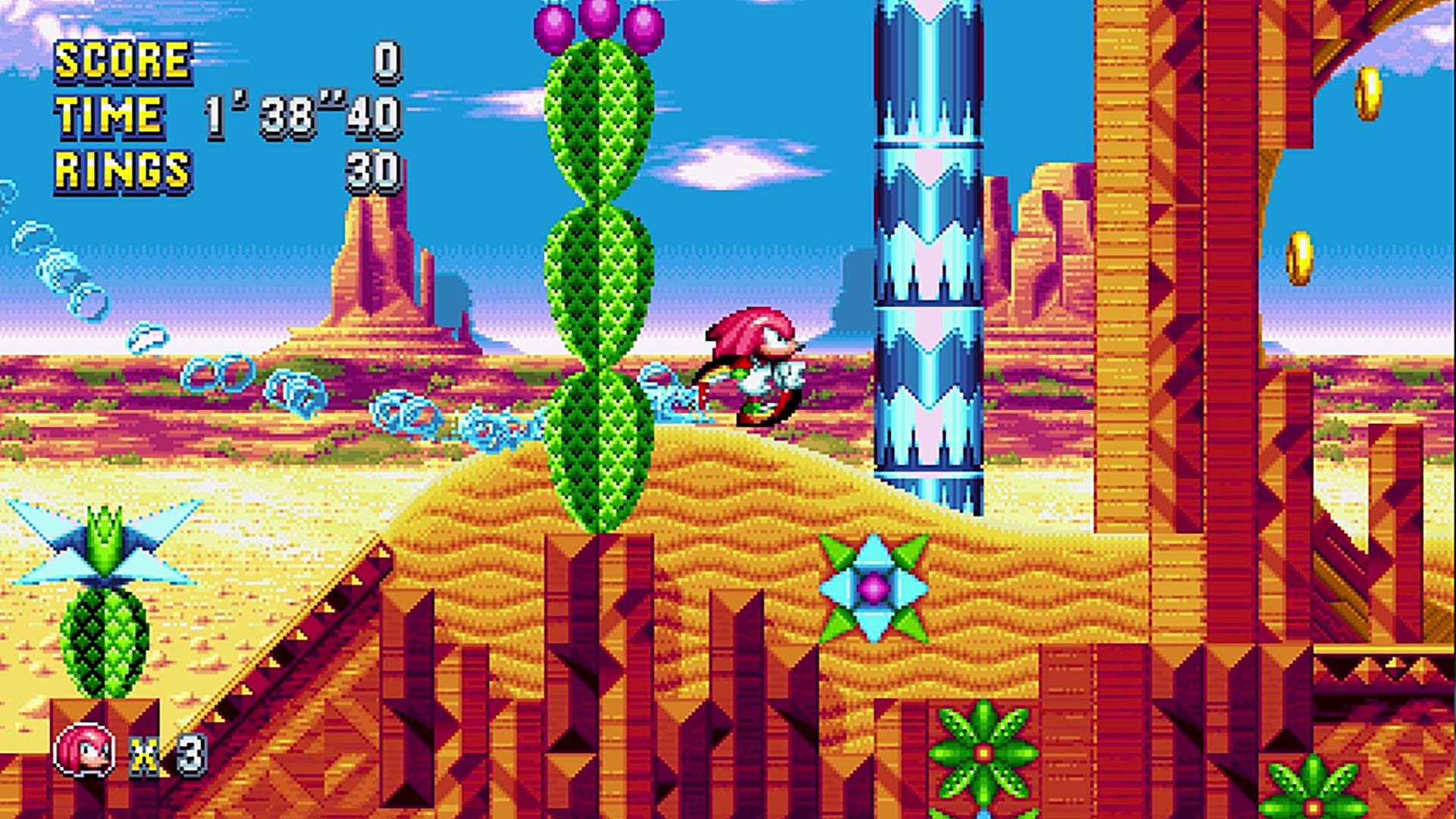 The red Knuckles moves beside a tall metal obstacle in a desert platforming stage.
