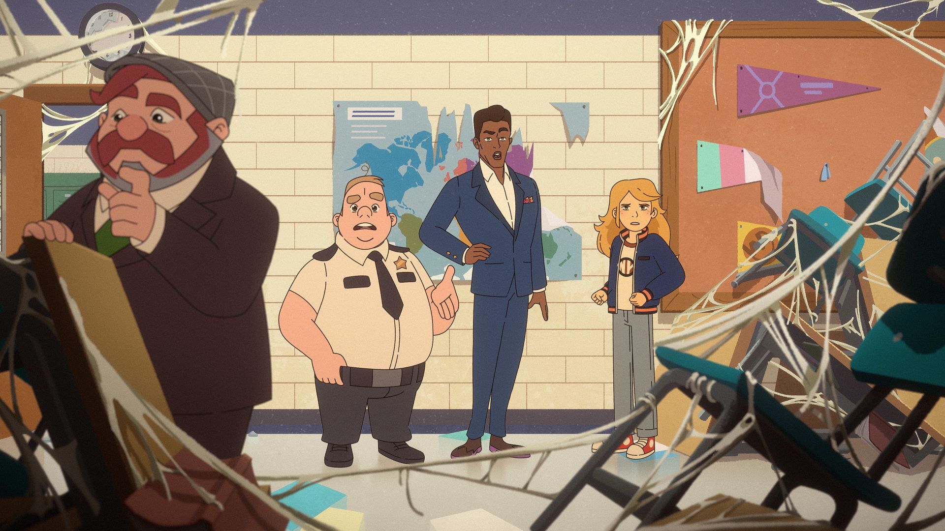 Sabrina and other characters inspect a damaged room.