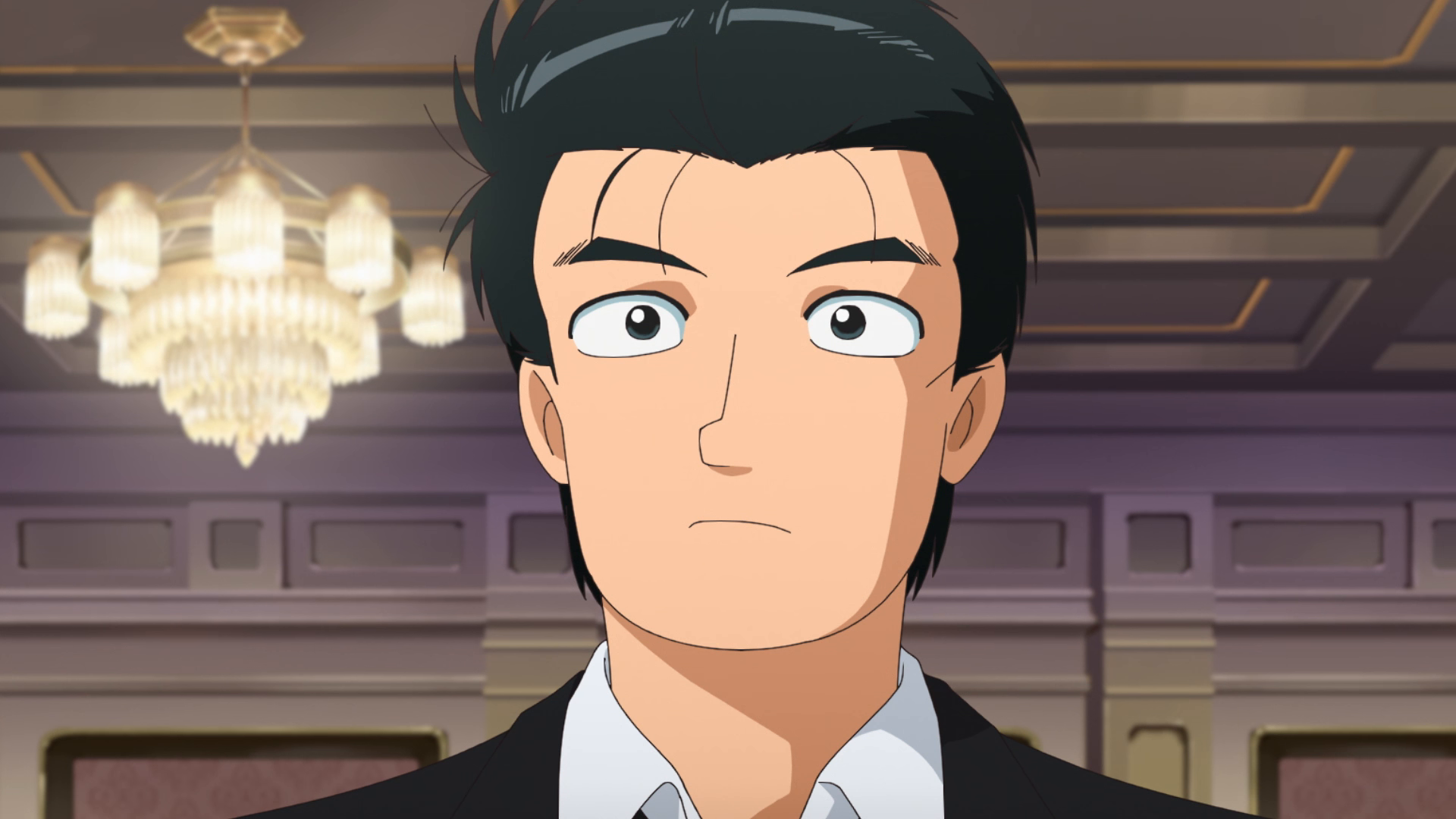 Shiro Yamaoka looks determined in a formal room in Shin Oishinbo.