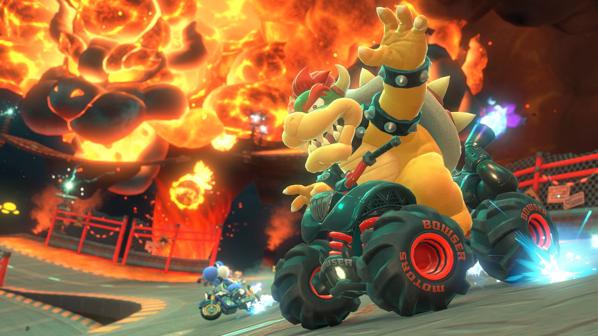 Bowser races through a fiery course in Mario Kart World.