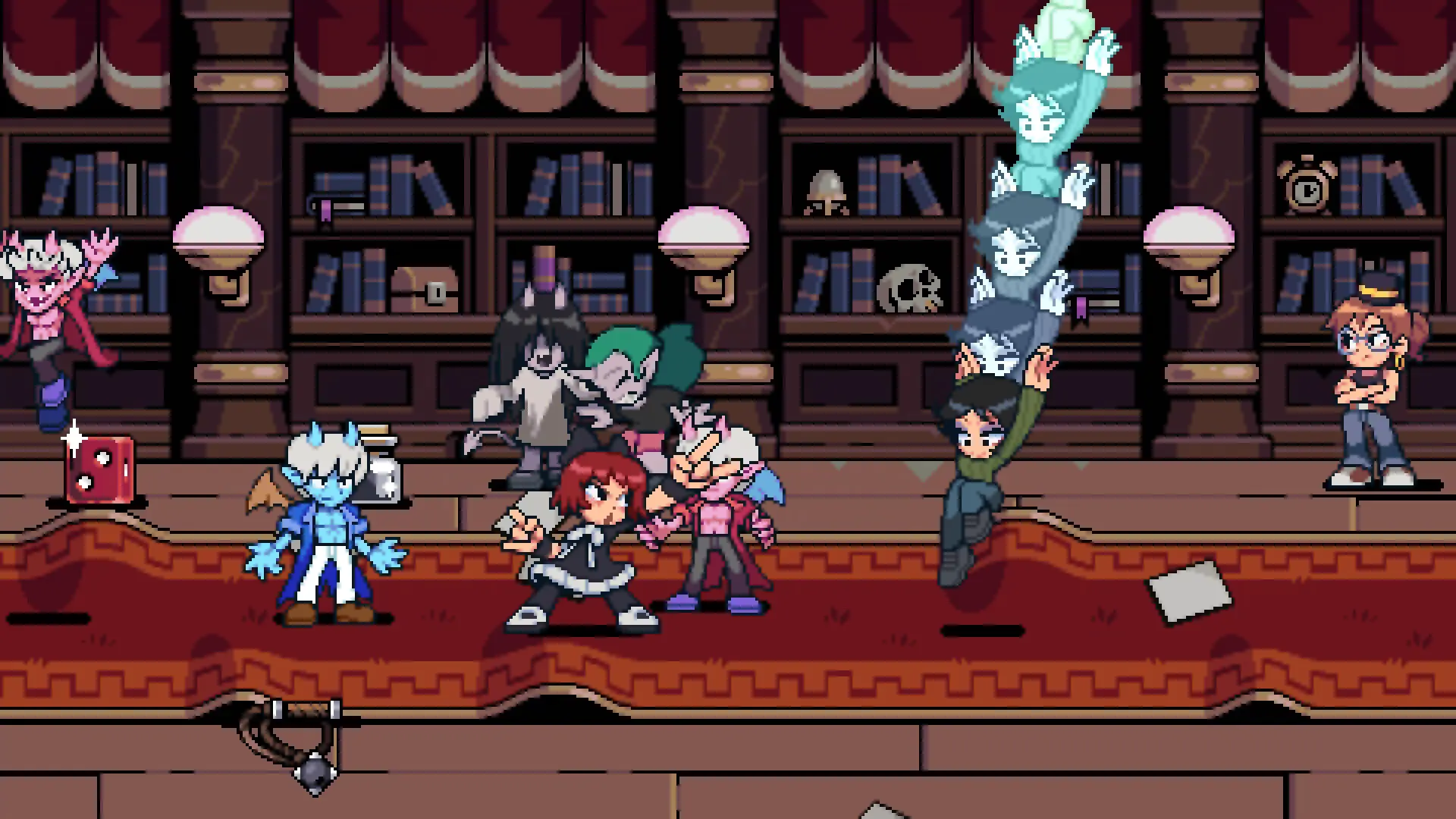 Kim Pine strikes an enemy during a library battle in Scott Pilgrim EX.