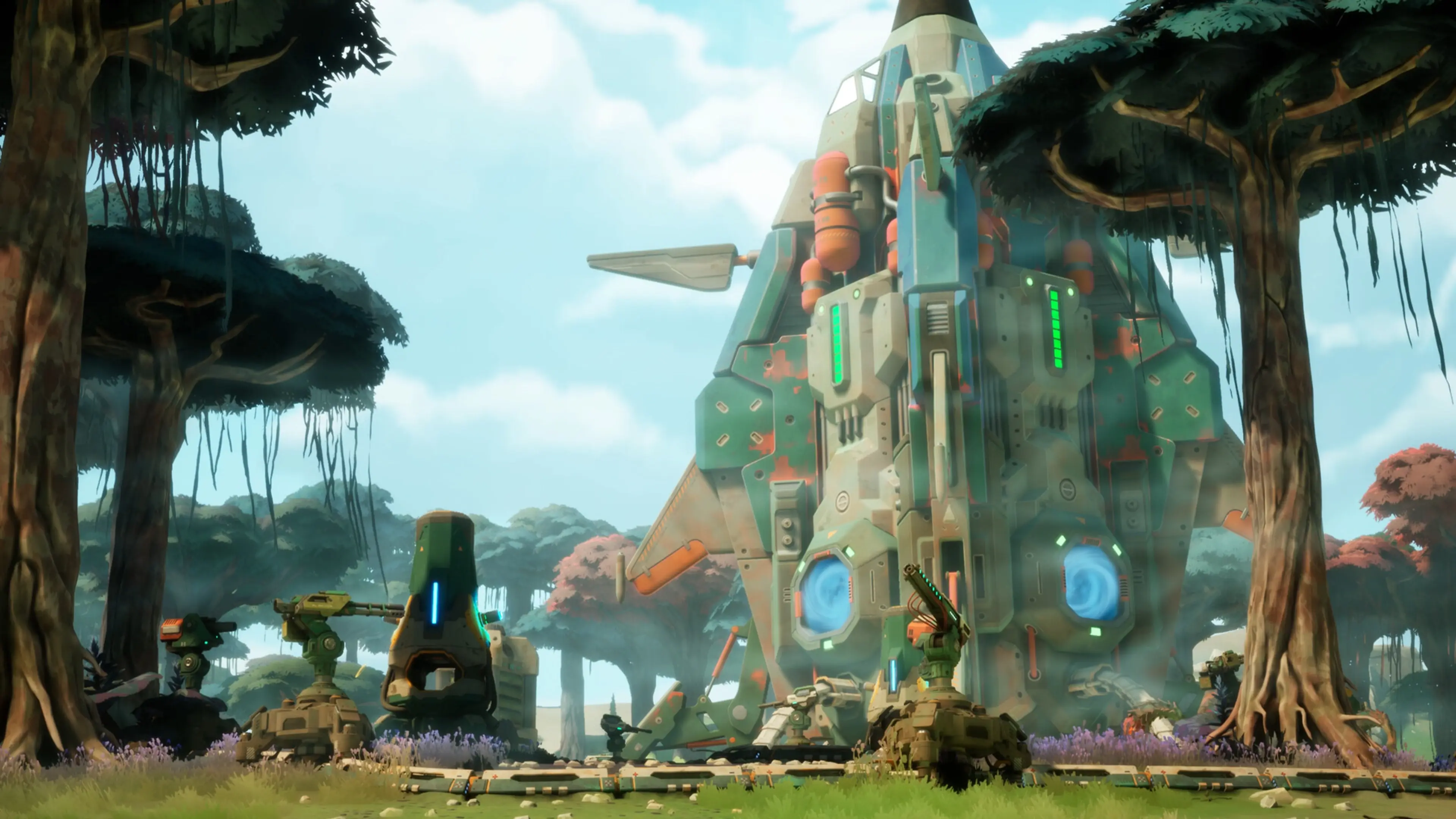 The Gravhounds crew ship stands inside a forest base surrounded by turrets and power equipment.