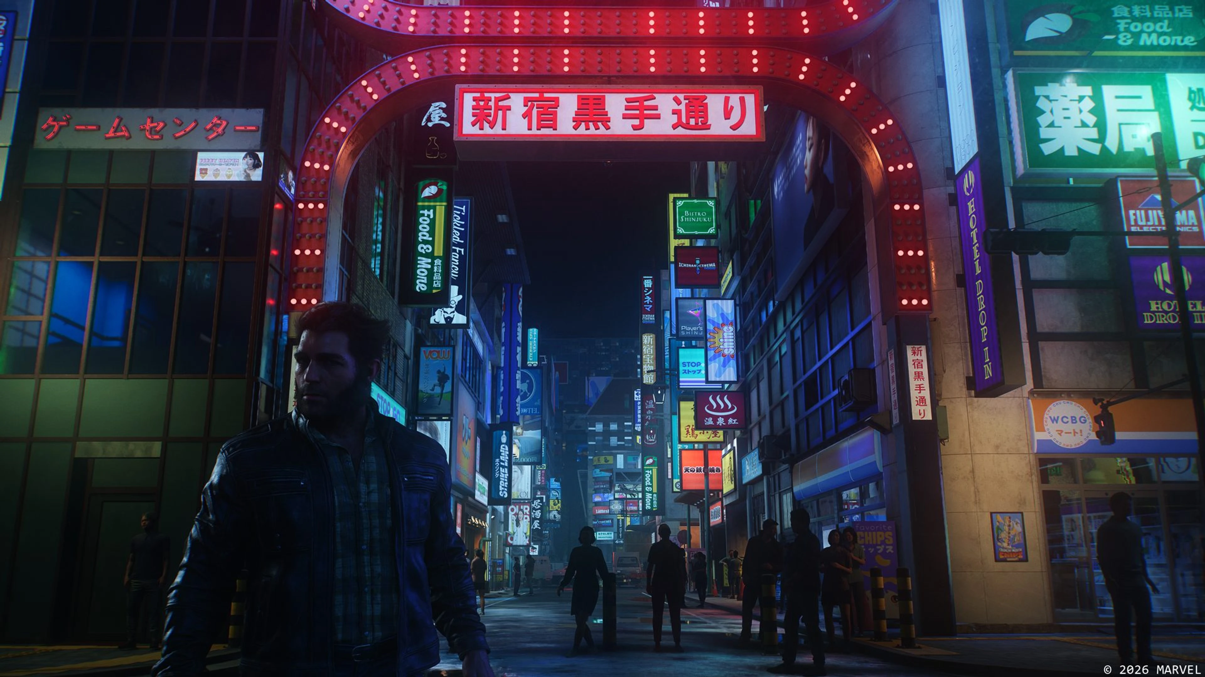 Logan on a neon-lit Shinjuku street in Marvel’s Wolverine