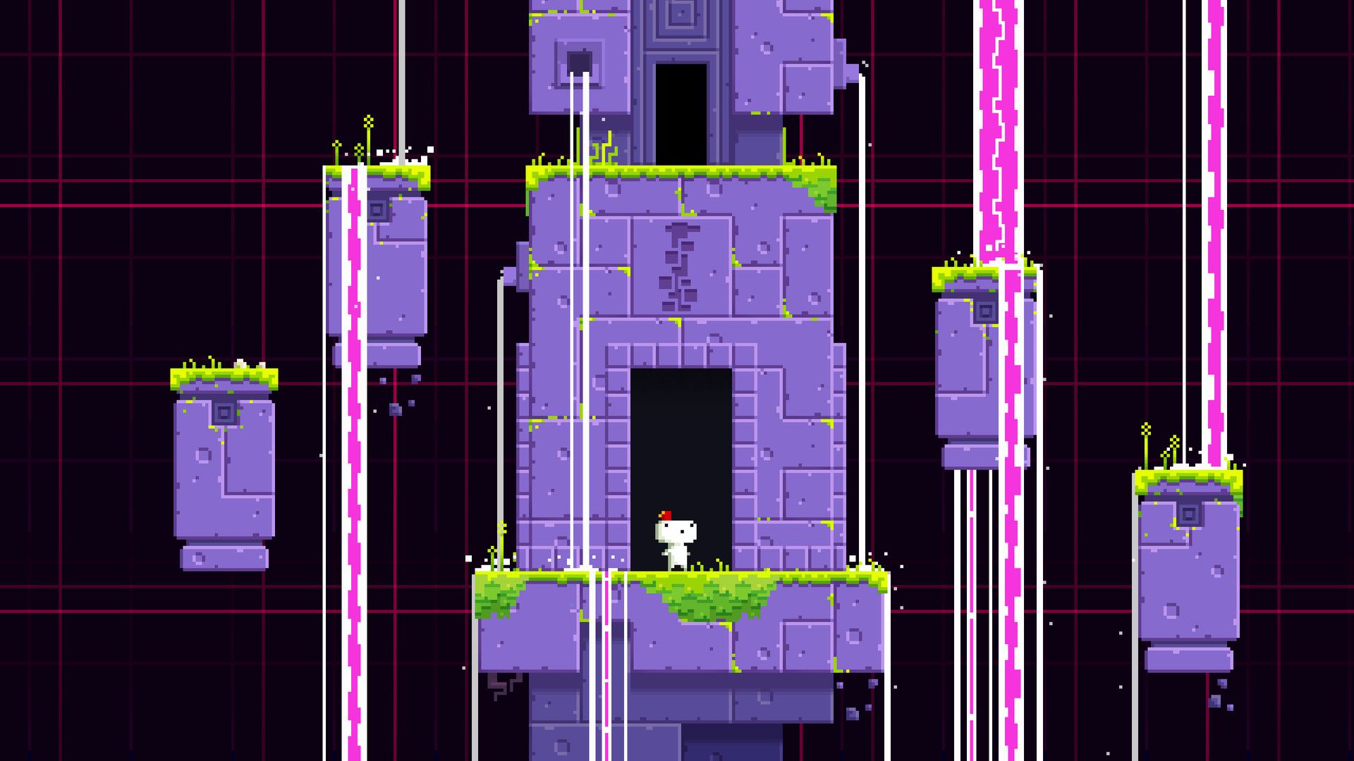 Gomez stands on a purple platform between tall glowing pink-and-white vertical columns.
