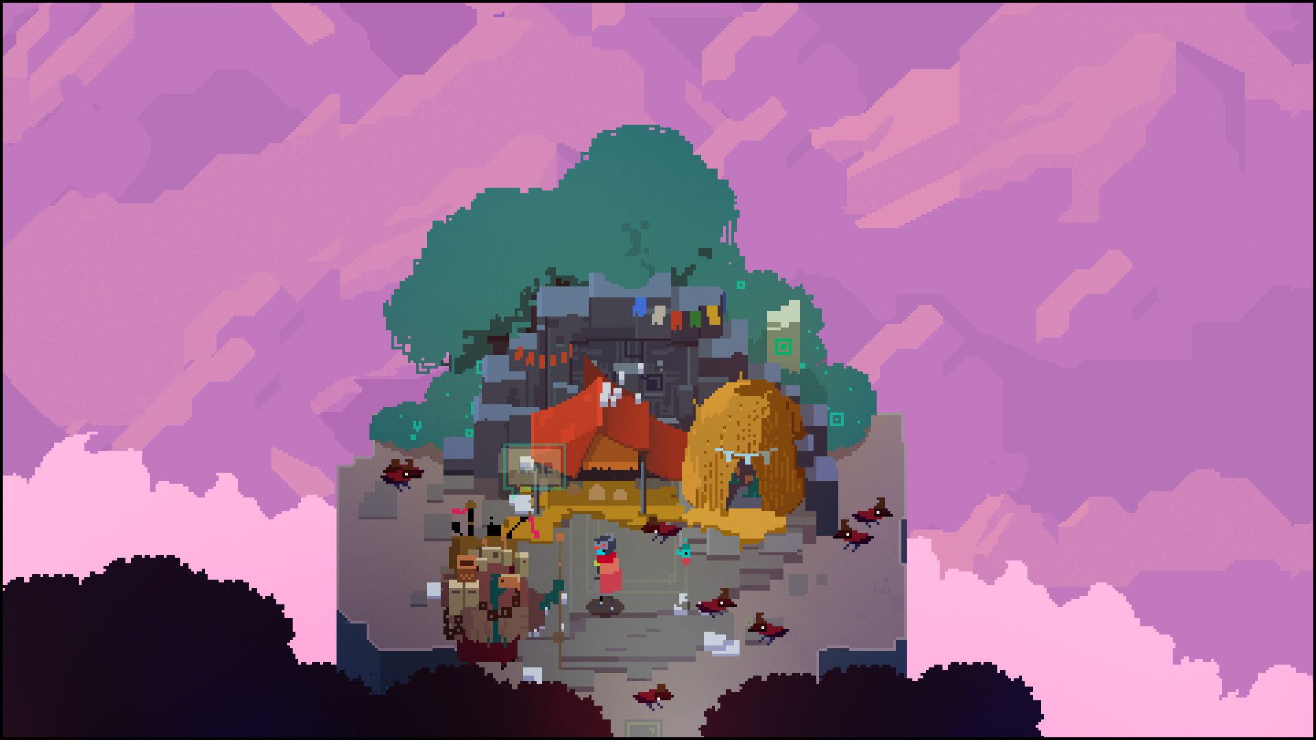 A distant green settlement sits on a floating-looking patch of land under a pink sky.