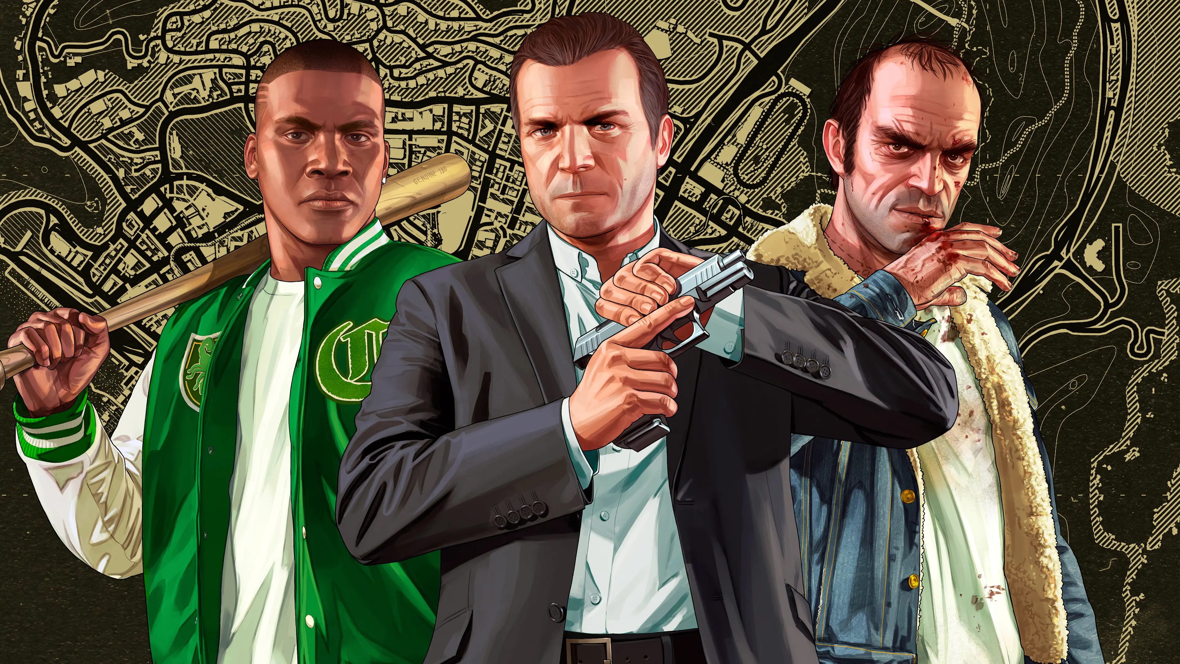 Franklin, Michael, and Trevor stand in front of a map of Los Santos and Blaine County.