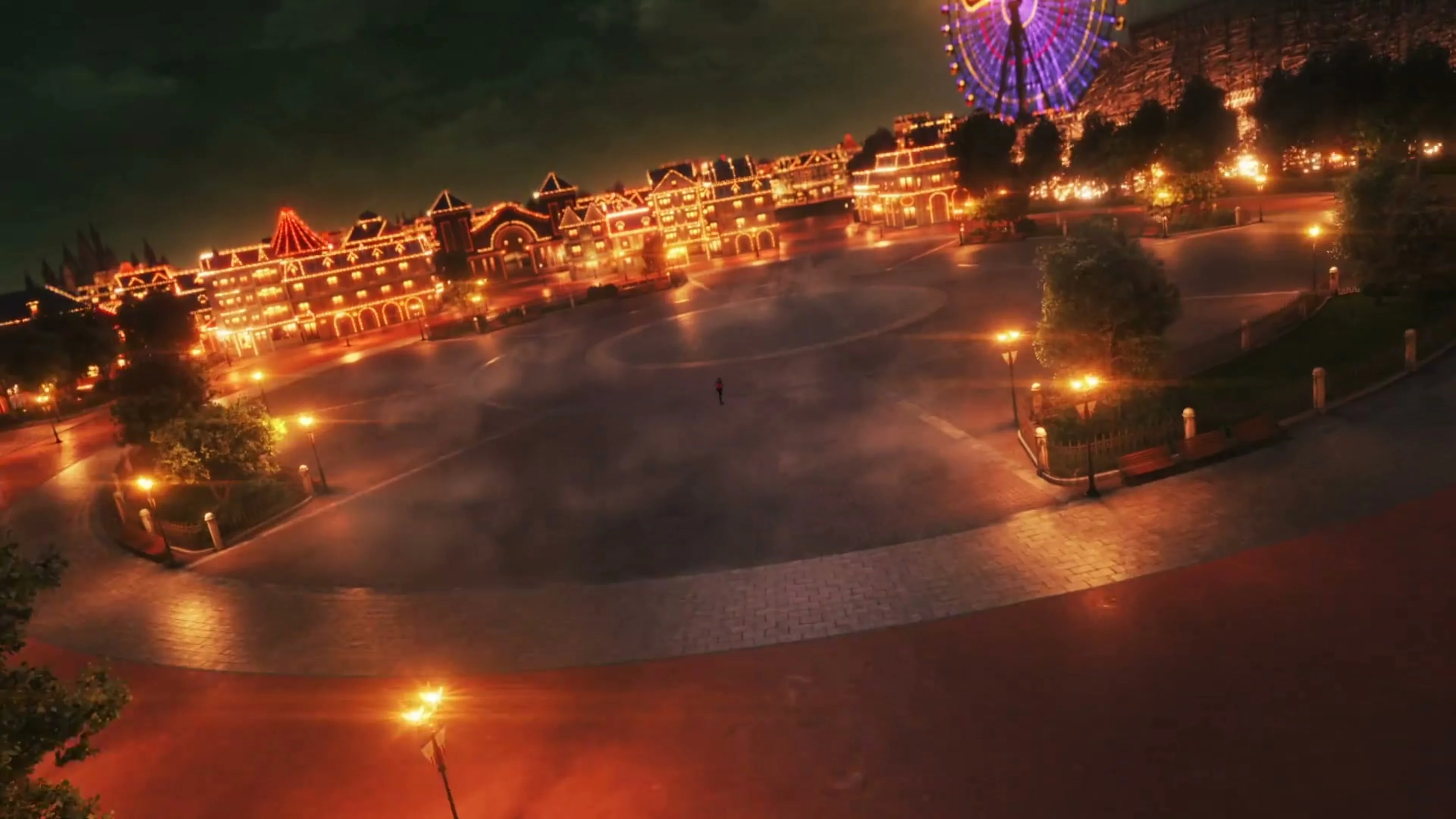 A city plaza glows at night in the final Witch on the Holy Night trailer.