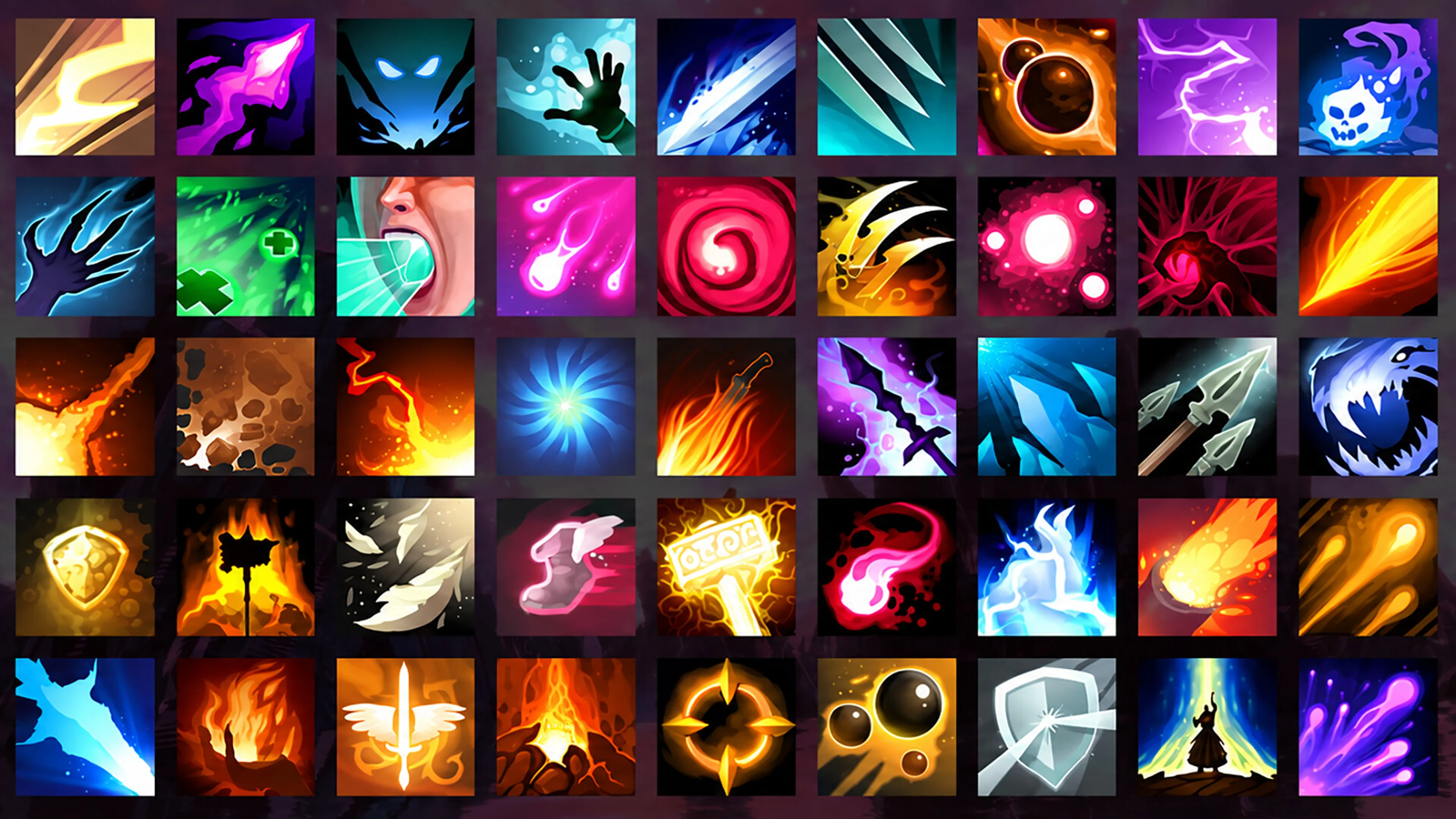 A grid of colorful ability and modifier icons in Shape of Dreams.