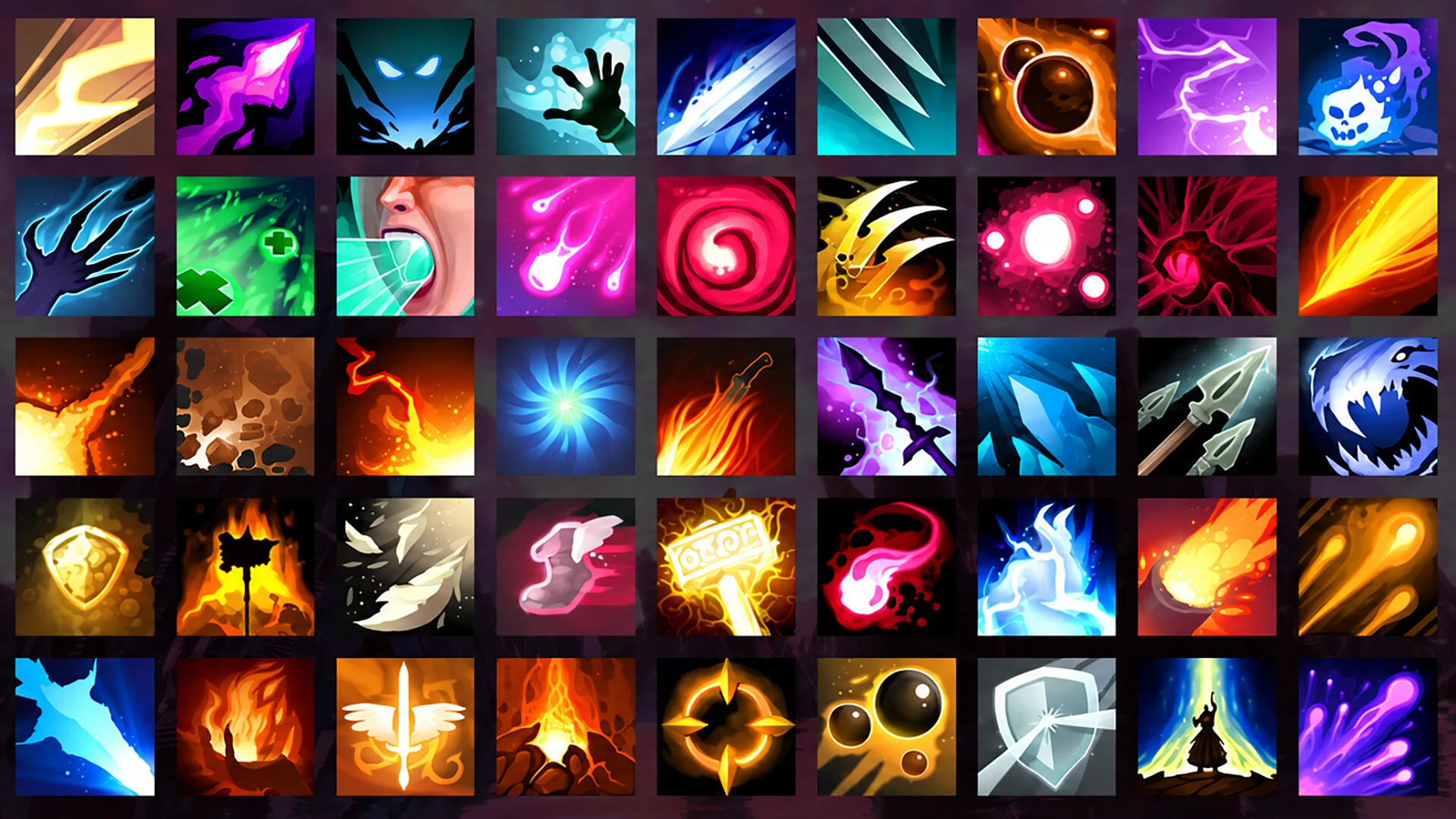 A grid of colorful ability and modifier icons in Shape of Dreams.