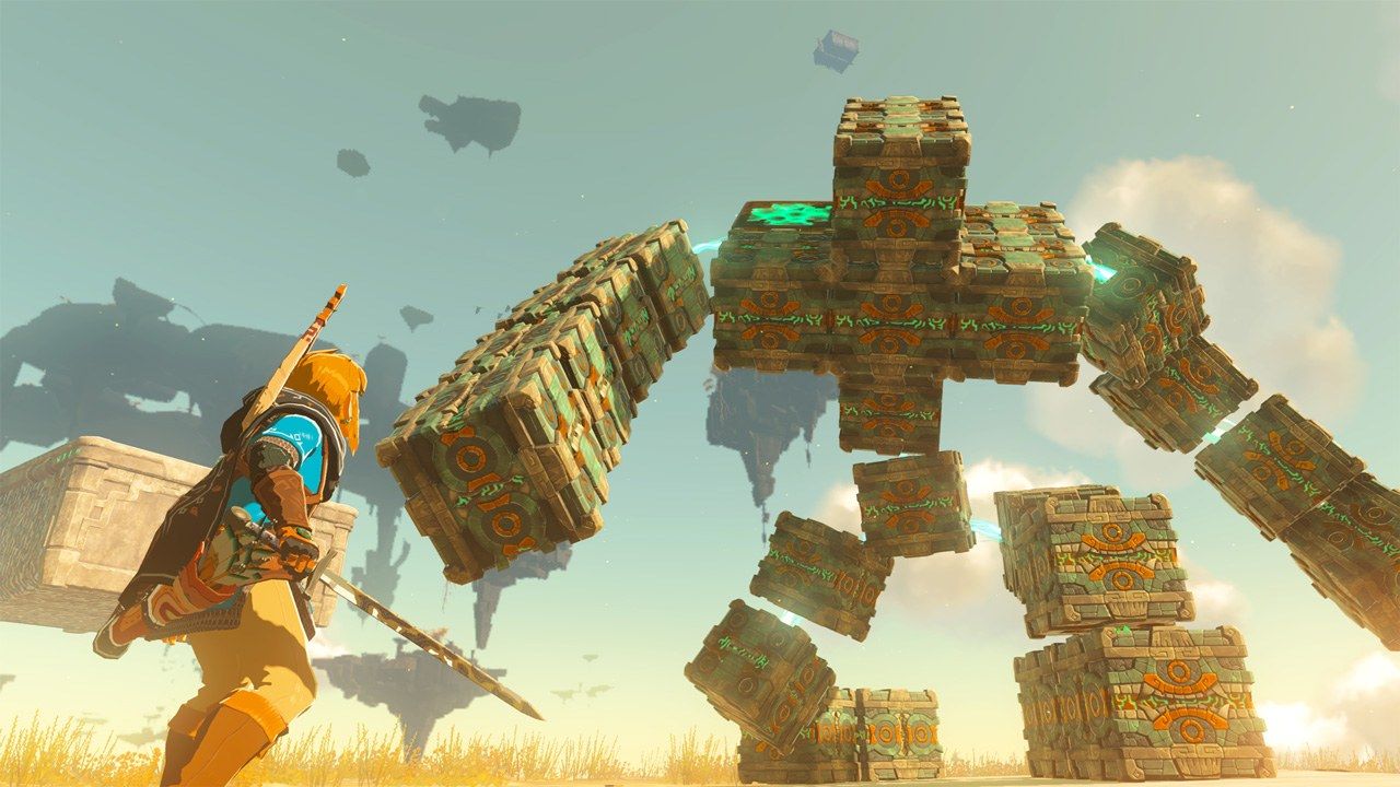 Link faces a large block-built enemy on a sky island.