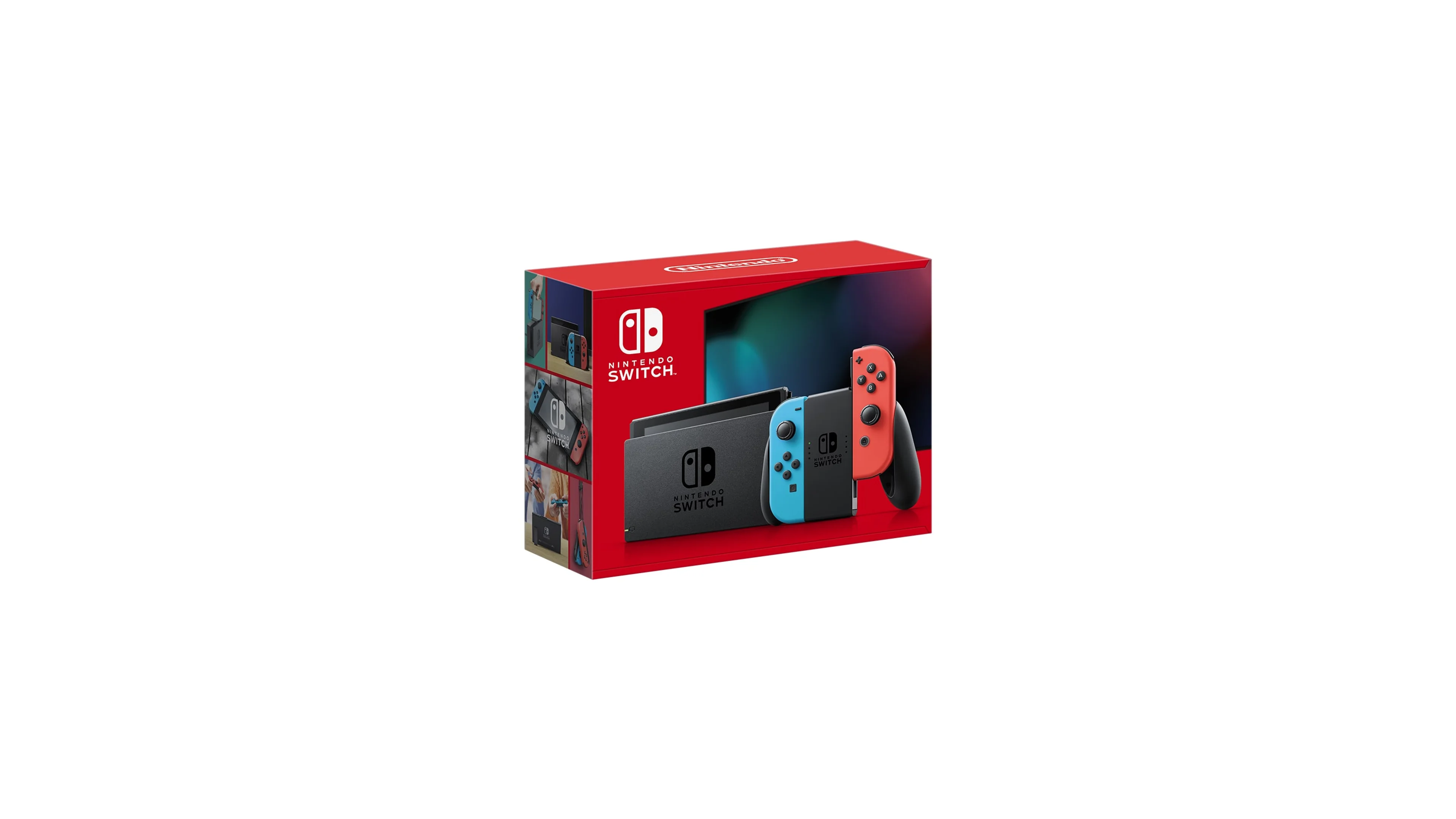 The original Nintendo Switch retail box displays the console, dock, and blue and red Joy-Con controllers.
