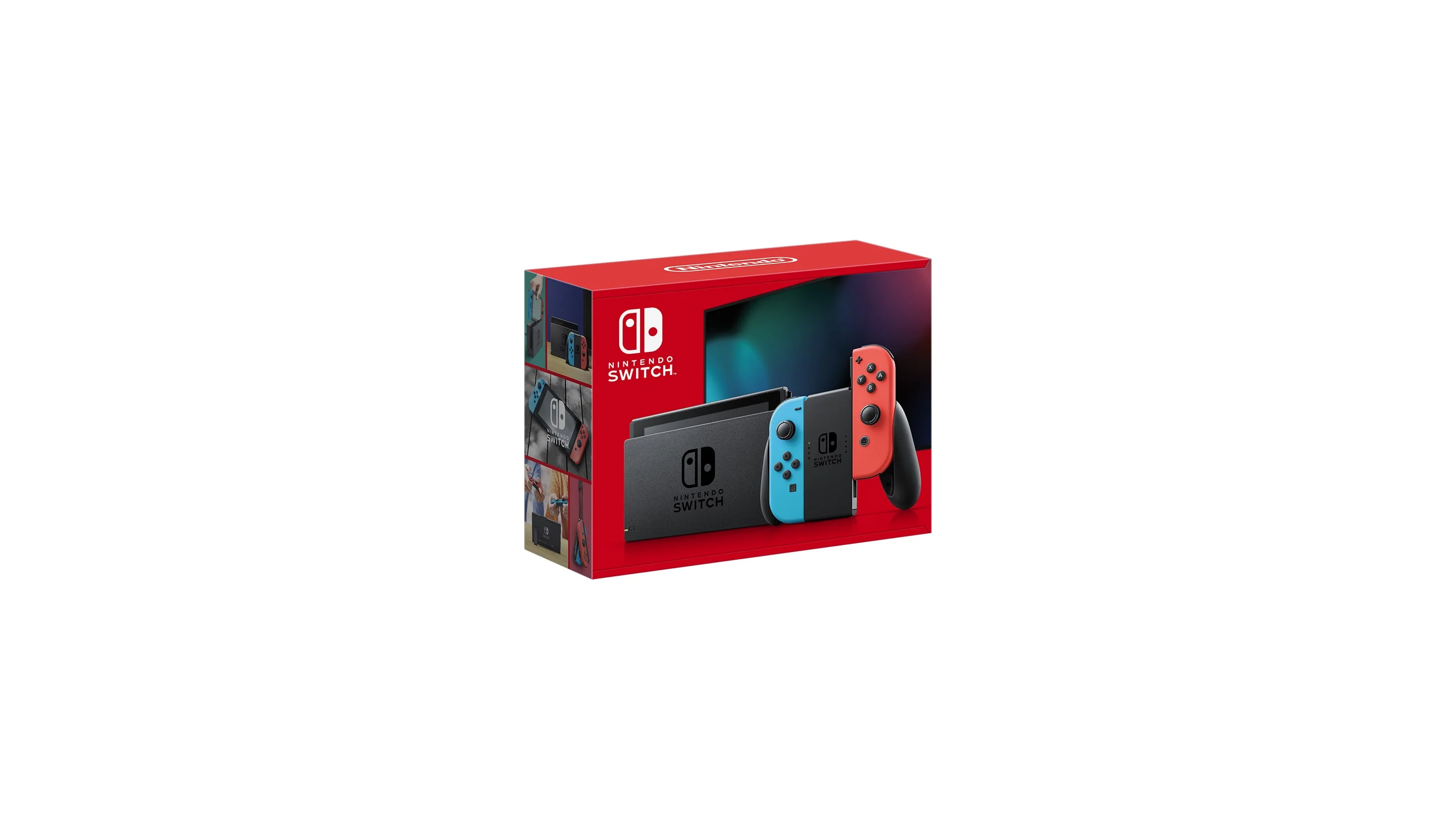 The original Nintendo Switch retail box displays the console, dock, and blue and red Joy-Con controllers.