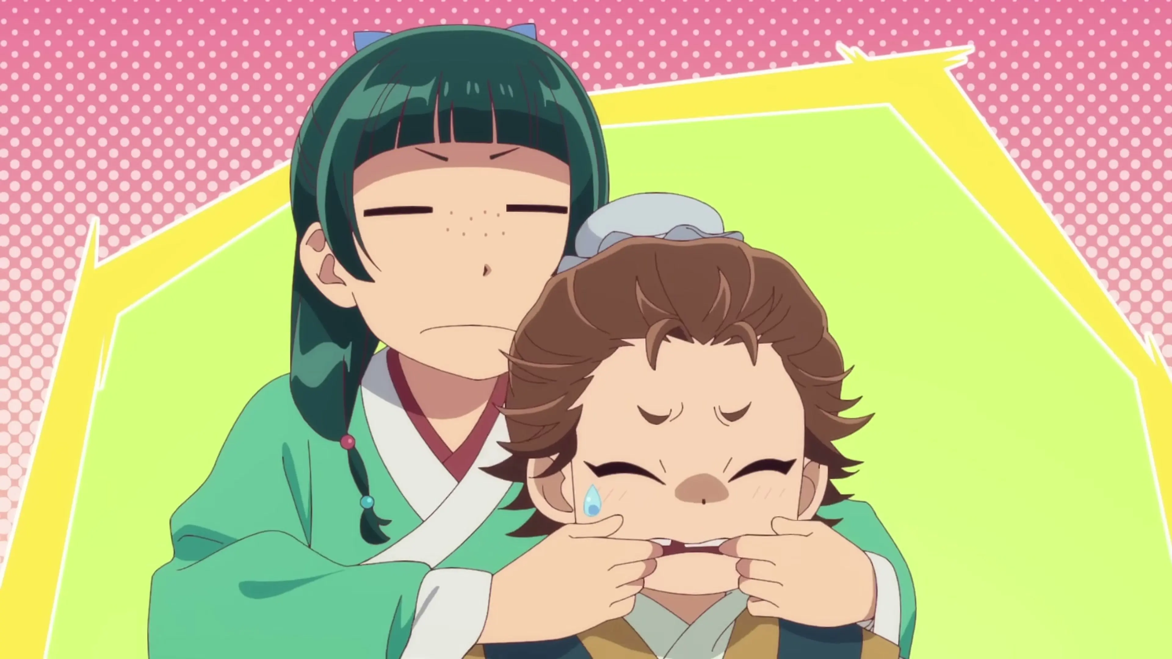 Maomao makes a funny face while holding a laughing child in a bright animated scene.