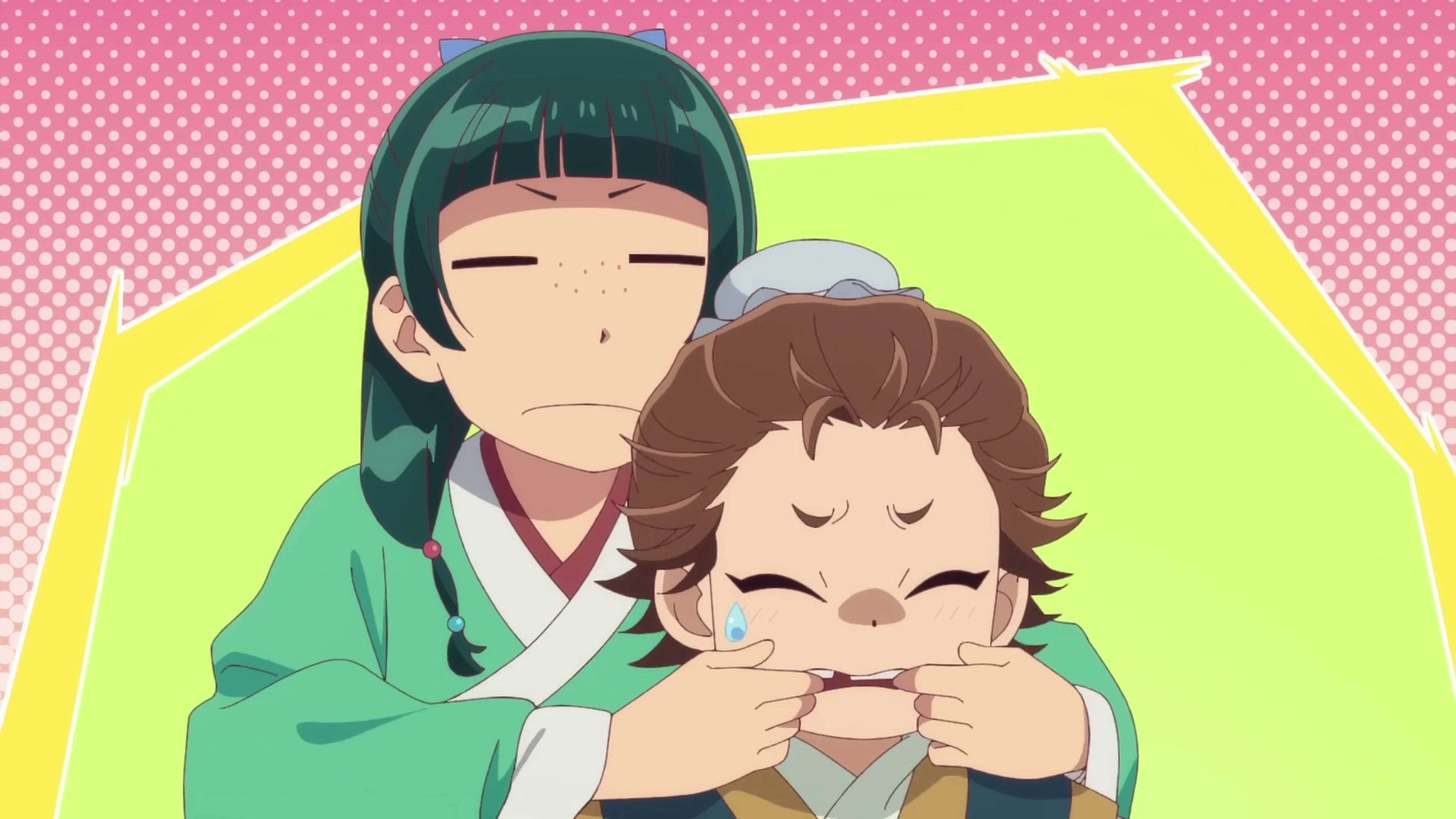 Maomao makes a funny face while holding a laughing child in a bright animated scene.