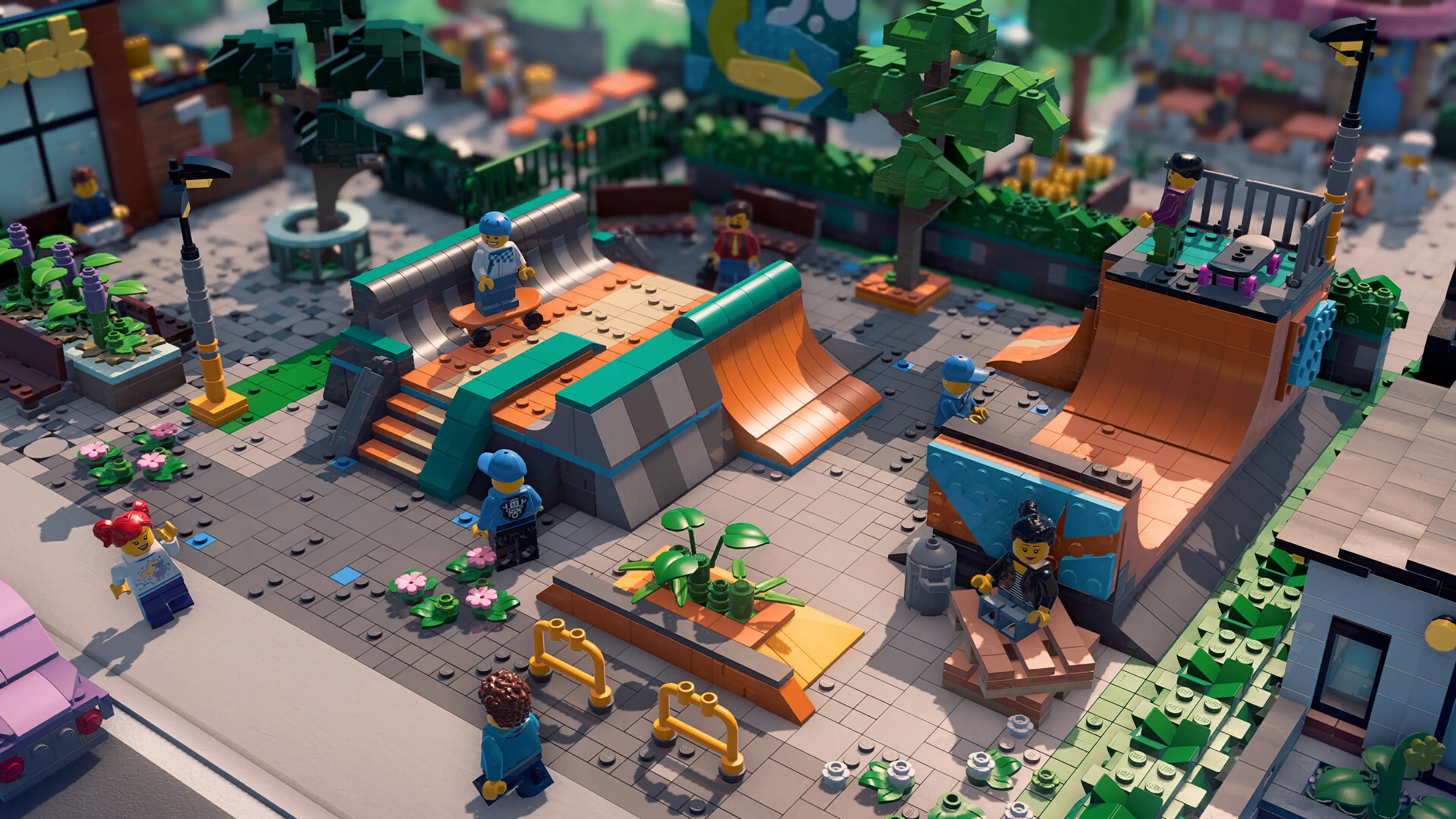 LEGO minifigures using ramps in a city skatepark
