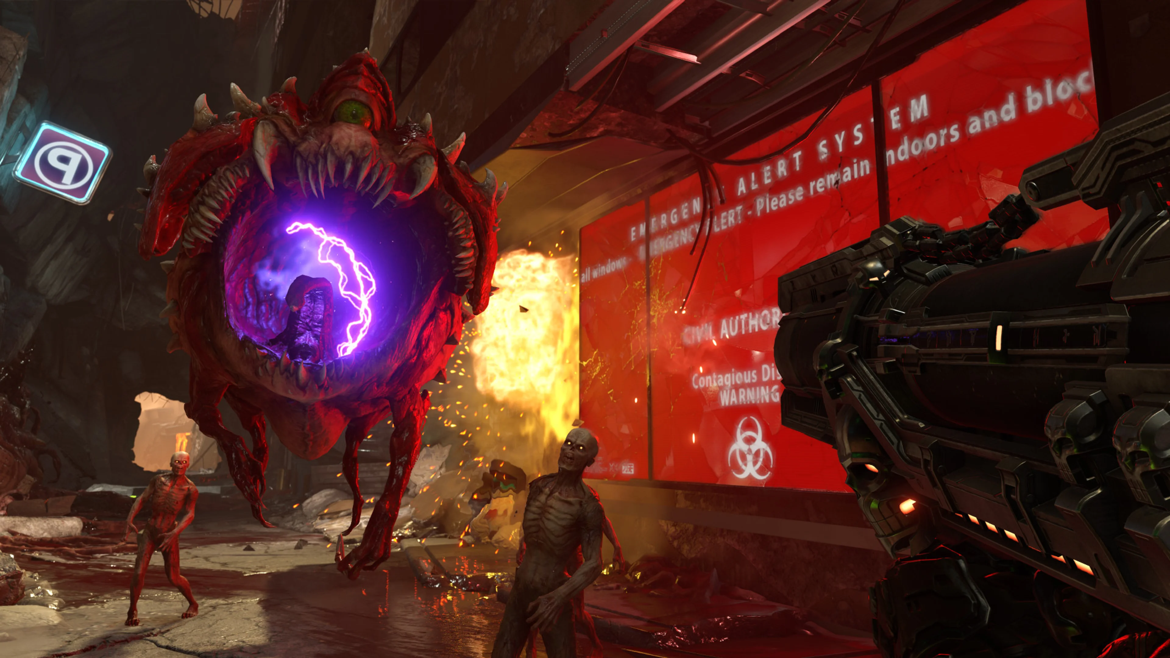 One large red flying Cacodemon fills the left side; two thin zombies stand on the ground below it.