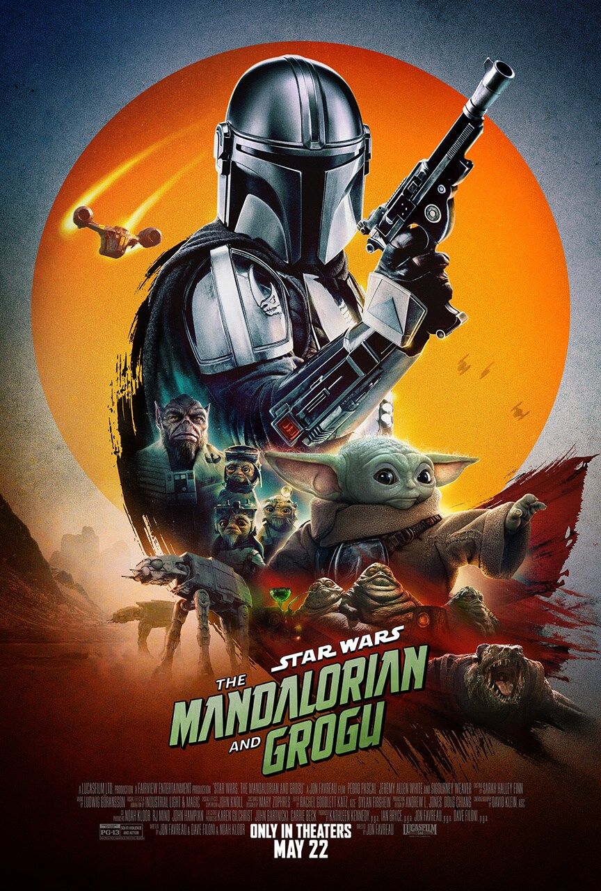 Official The Mandalorian and Grogu poster featuring Din and Grogu against an orange sky.